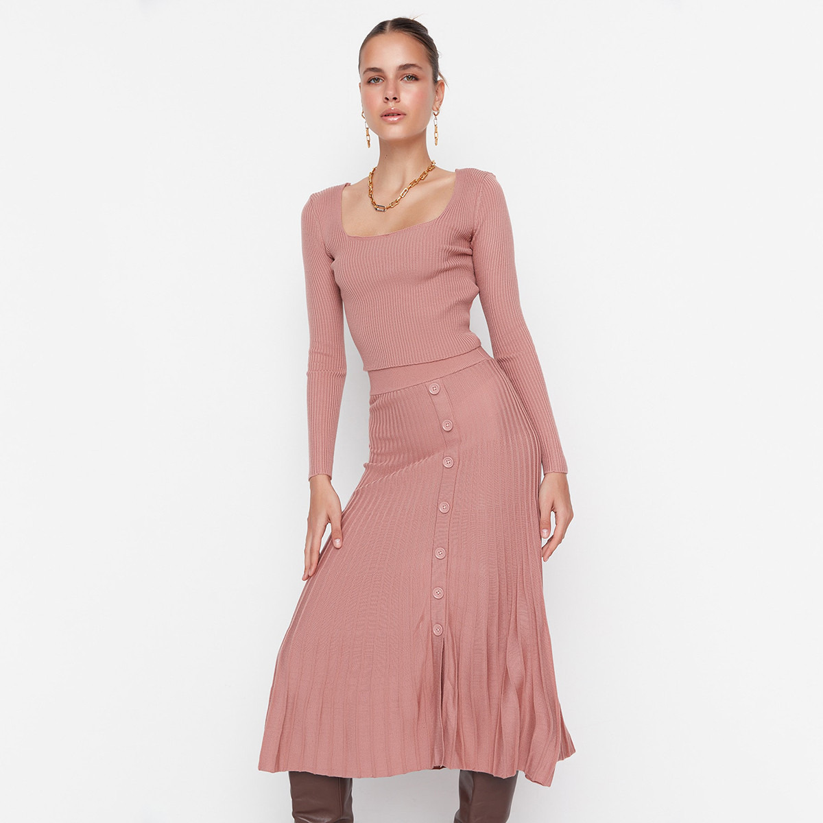 Trendyol Women Knitted Square Neck Top and Ruffled Hem Skirt Set-women-clothing-coordsets-image-15