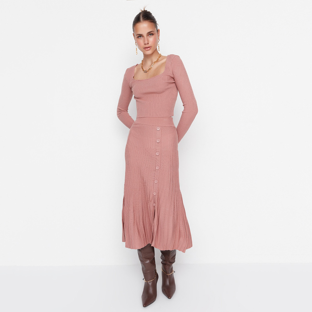Trendyol Women Knitted Square Neck Top and Ruffled Hem Skirt Set-women-clothing-coordsets-image-16