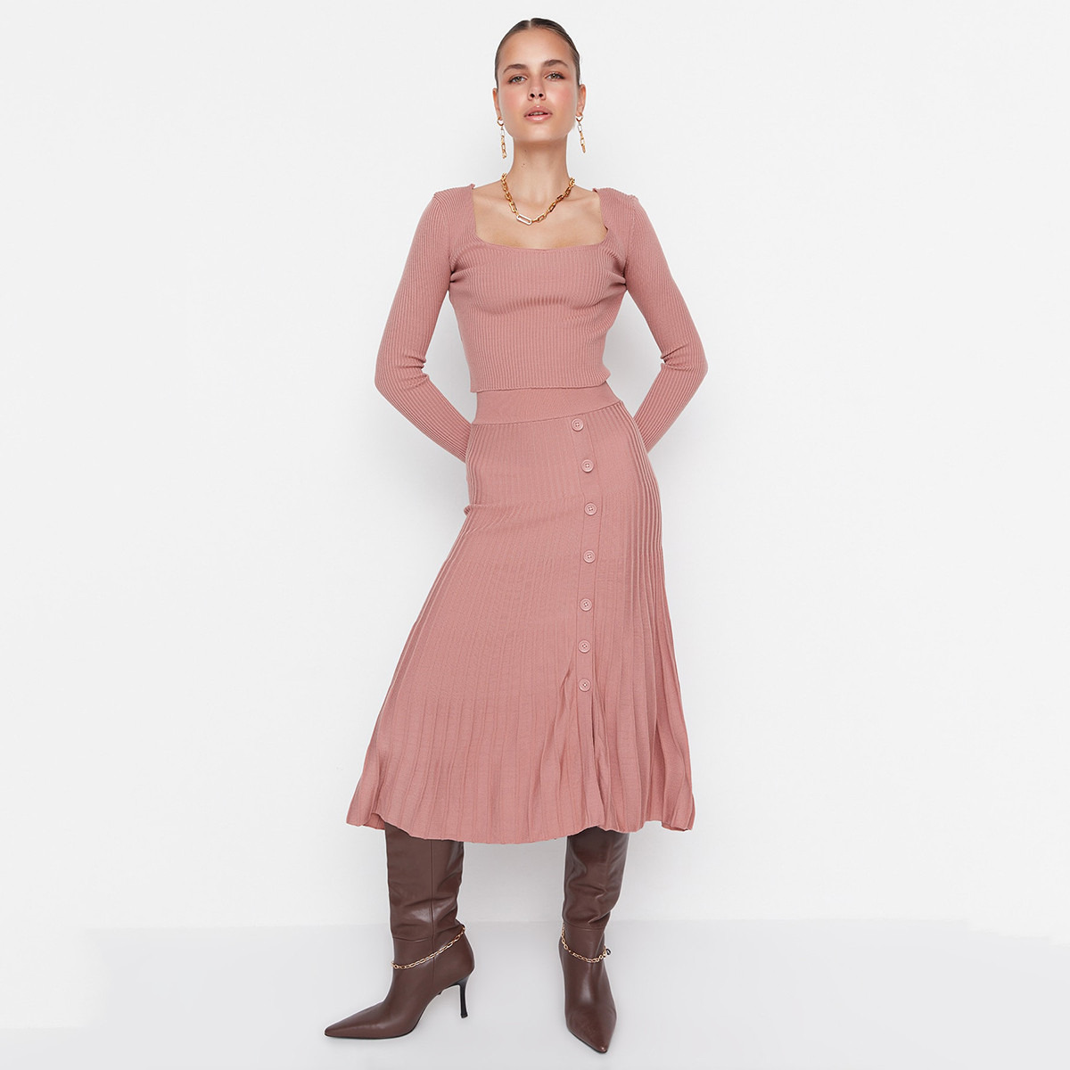 Trendyol Women Knitted Square Neck Top and Ruffled Hem Skirt Set-women-clothing-coordsets-image-17