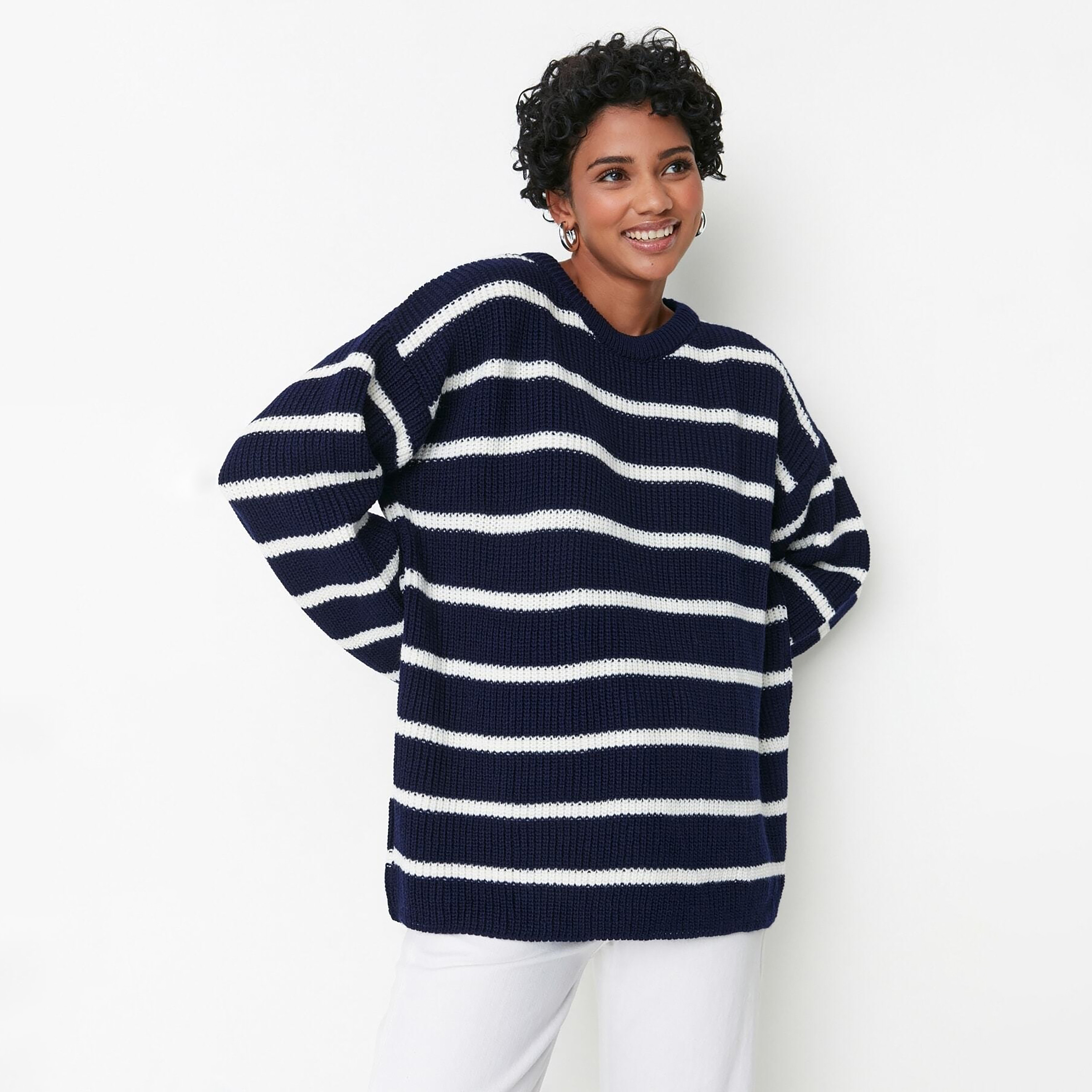 بلوفر حريمي مخطط باللون الكحلي بأكمام منسدلة من تريندyol ميلا-women-winterwear-cardigansandjumpers-jumpers-image-1