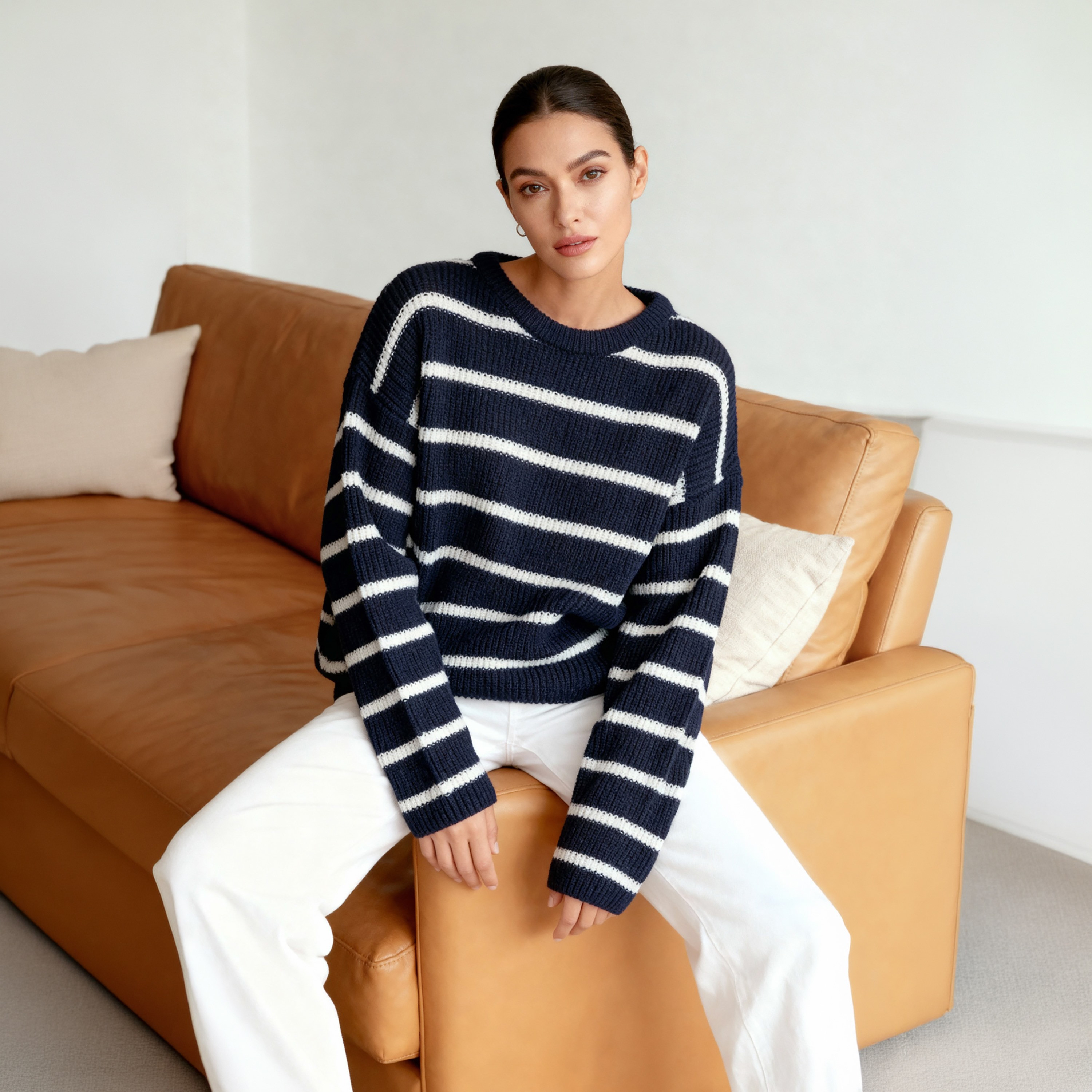 بلوفر حريمي مخطط باللون الكحلي بأكمام منسدلة من تريندyol ميلا-women-winterwear-cardigansandjumpers-jumpers-image-2