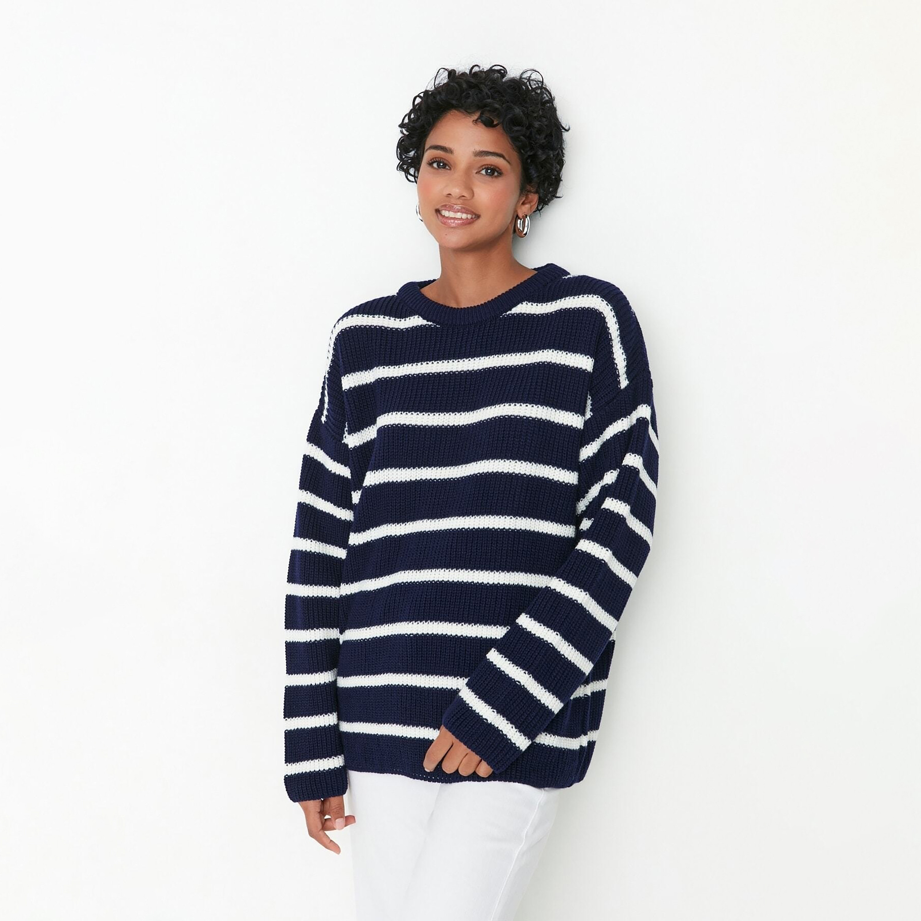 بلوفر حريمي مخطط باللون الكحلي بأكمام منسدلة من تريندyol ميلا-women-winterwear-cardigansandjumpers-jumpers-image-5