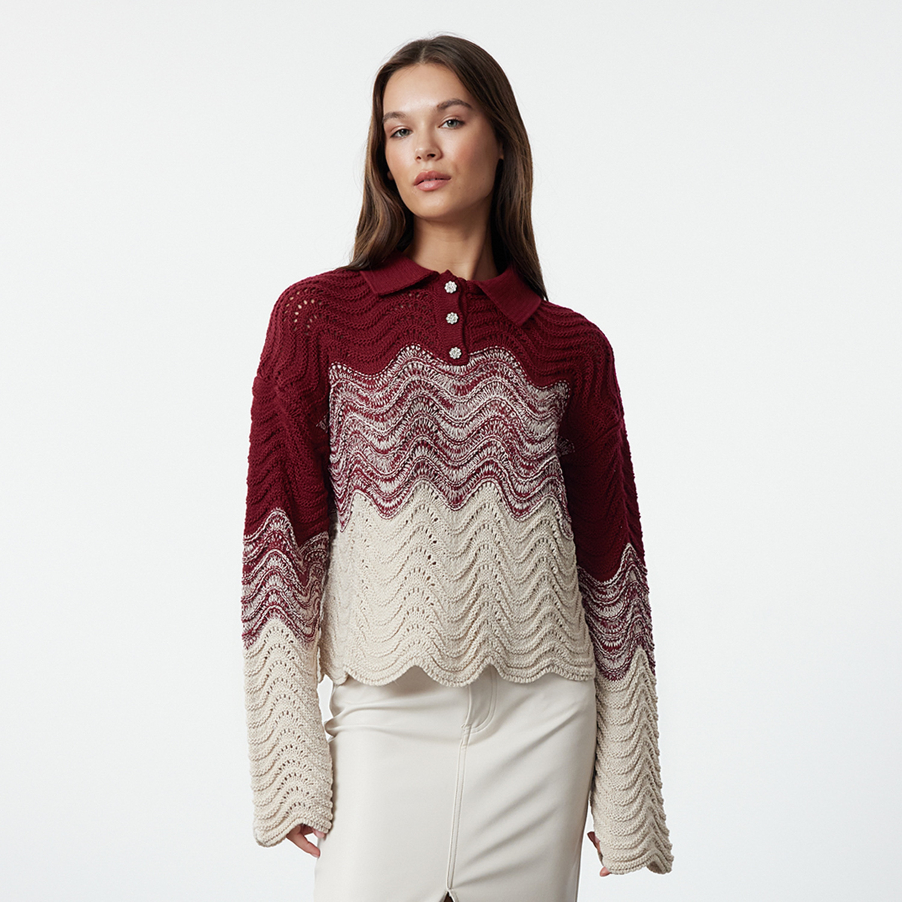 Trendyolmilla Multicolour Wavy Knit Collared Dropped Sleeves Women's Sweater-women-winterwear-cardigansandjumpers-jumpers-image-1