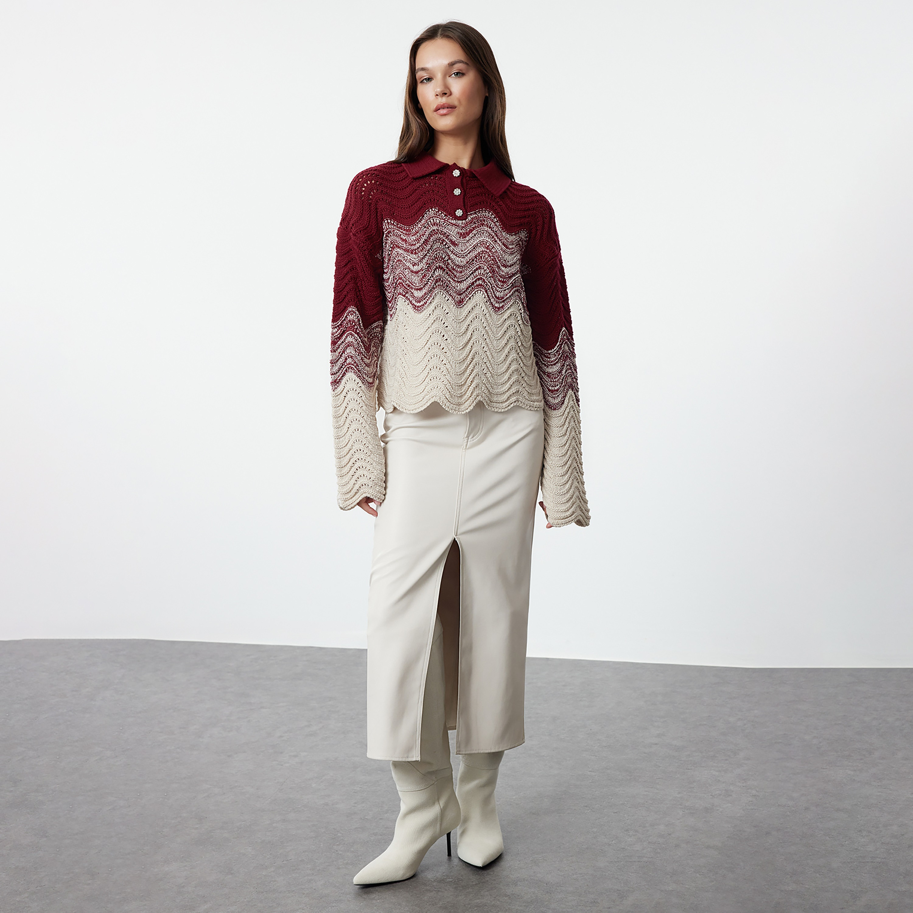 Trendyolmilla Multicolour Wavy Knit Collared Dropped Sleeves Women's Sweater-women-winterwear-cardigansandjumpers-jumpers-image-2