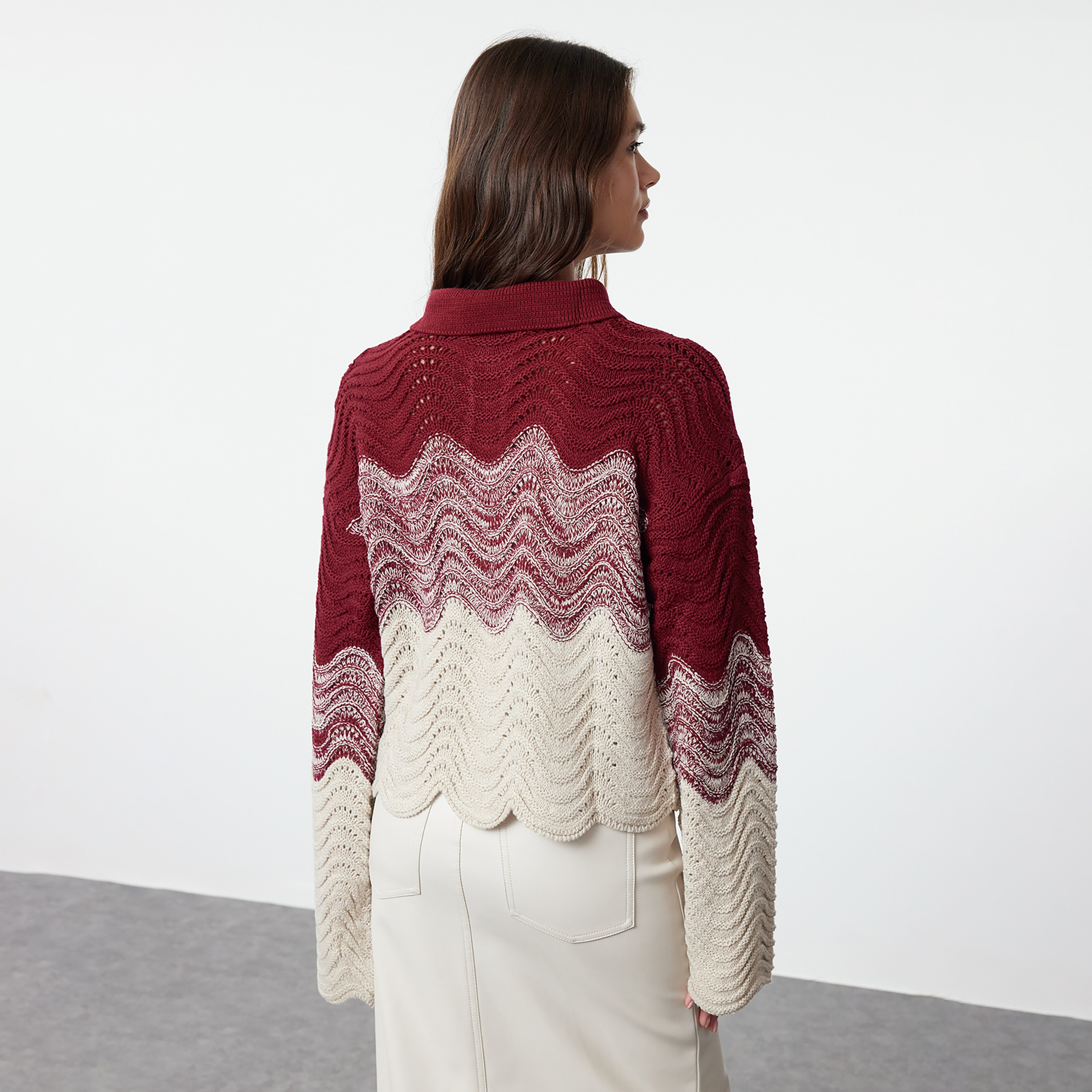 Trendyolmilla Multicolour Wavy Knit Collared Dropped Sleeves Women's Sweater-women-winterwear-cardigansandjumpers-jumpers-image-4
