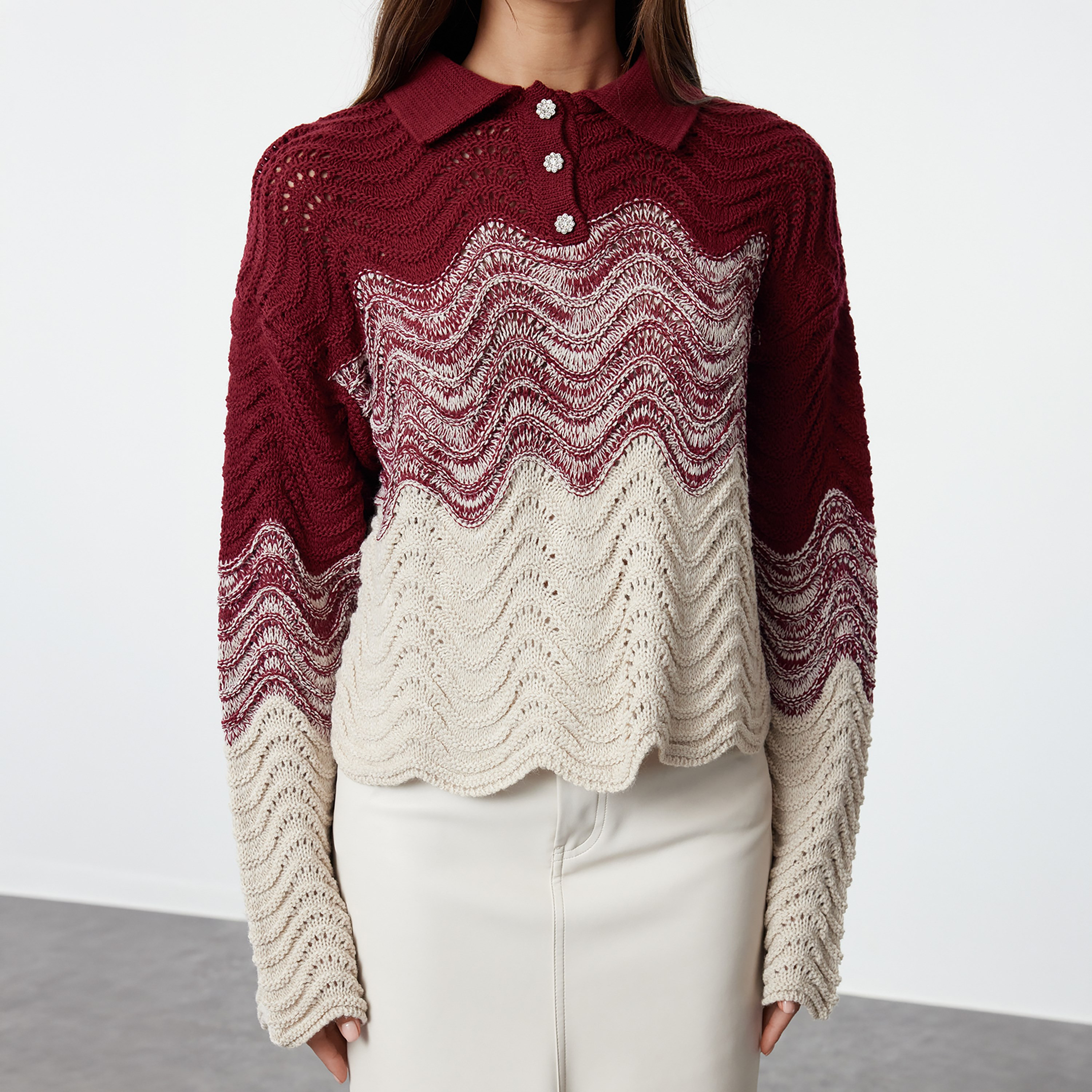 Trendyolmilla Multicolour Wavy Knit Collared Dropped Sleeves Women's Sweater-women-winterwear-cardigansandjumpers-jumpers-image-5