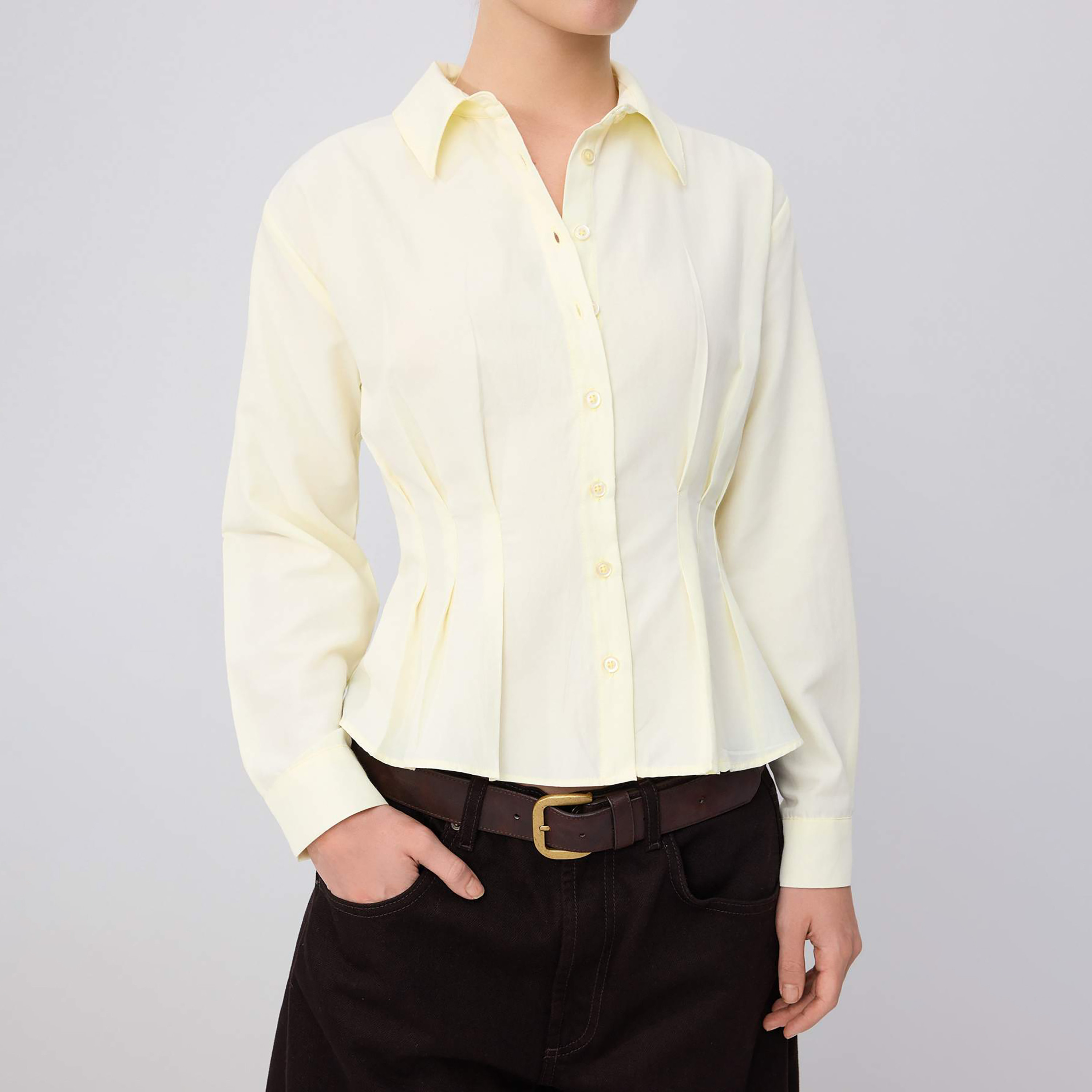 قميص بيبلوم حريمي أصفر فاتح بليسيه بياقة من ترينديول ميلا-women-clothing-shirtsandblouses-shirts-image-4