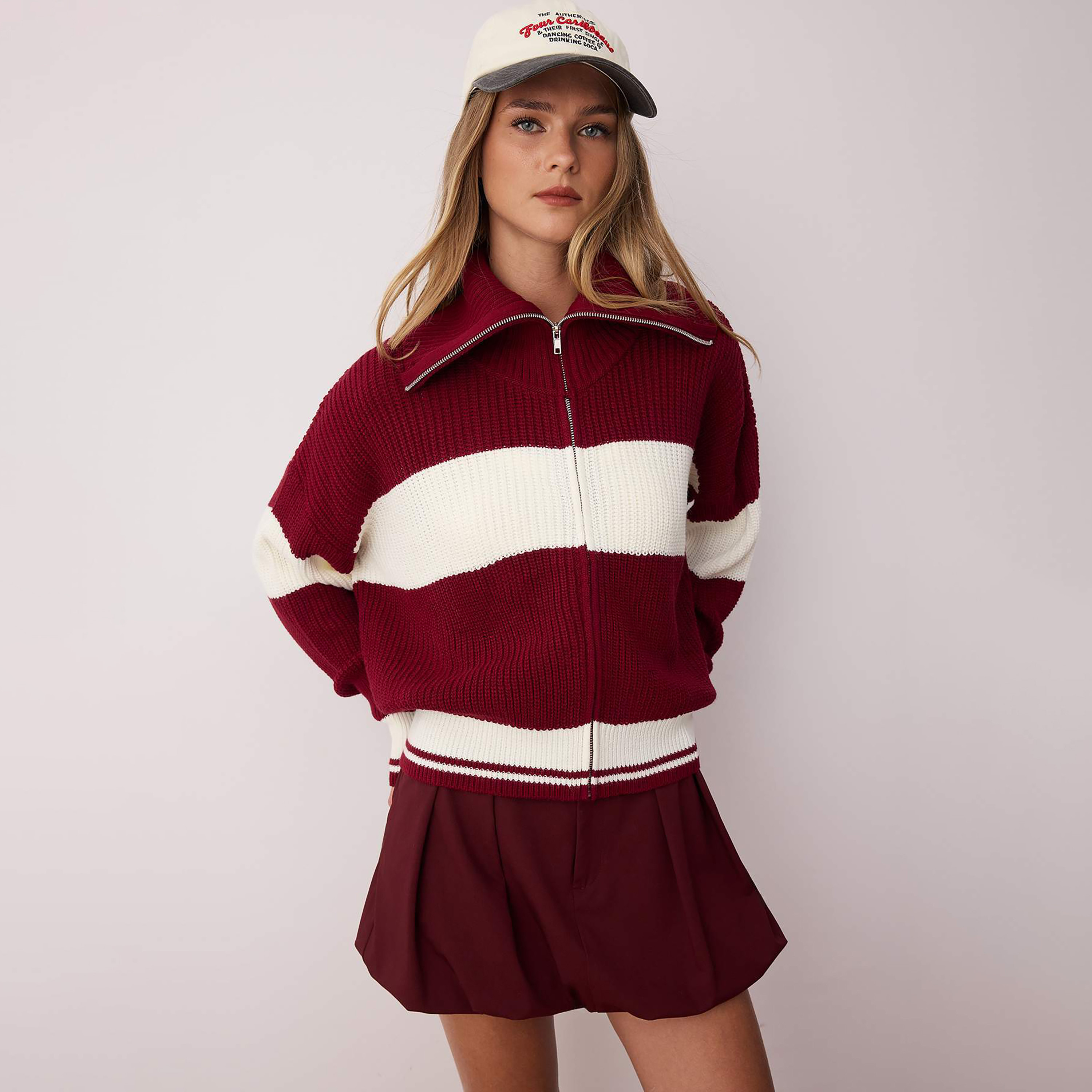 Trendyolmilla Burgundy Color-Blocked Collared Dropped Sleeves Women's Cardigan-women-winterwear-cardigansandjumpers-cardigans-image-1