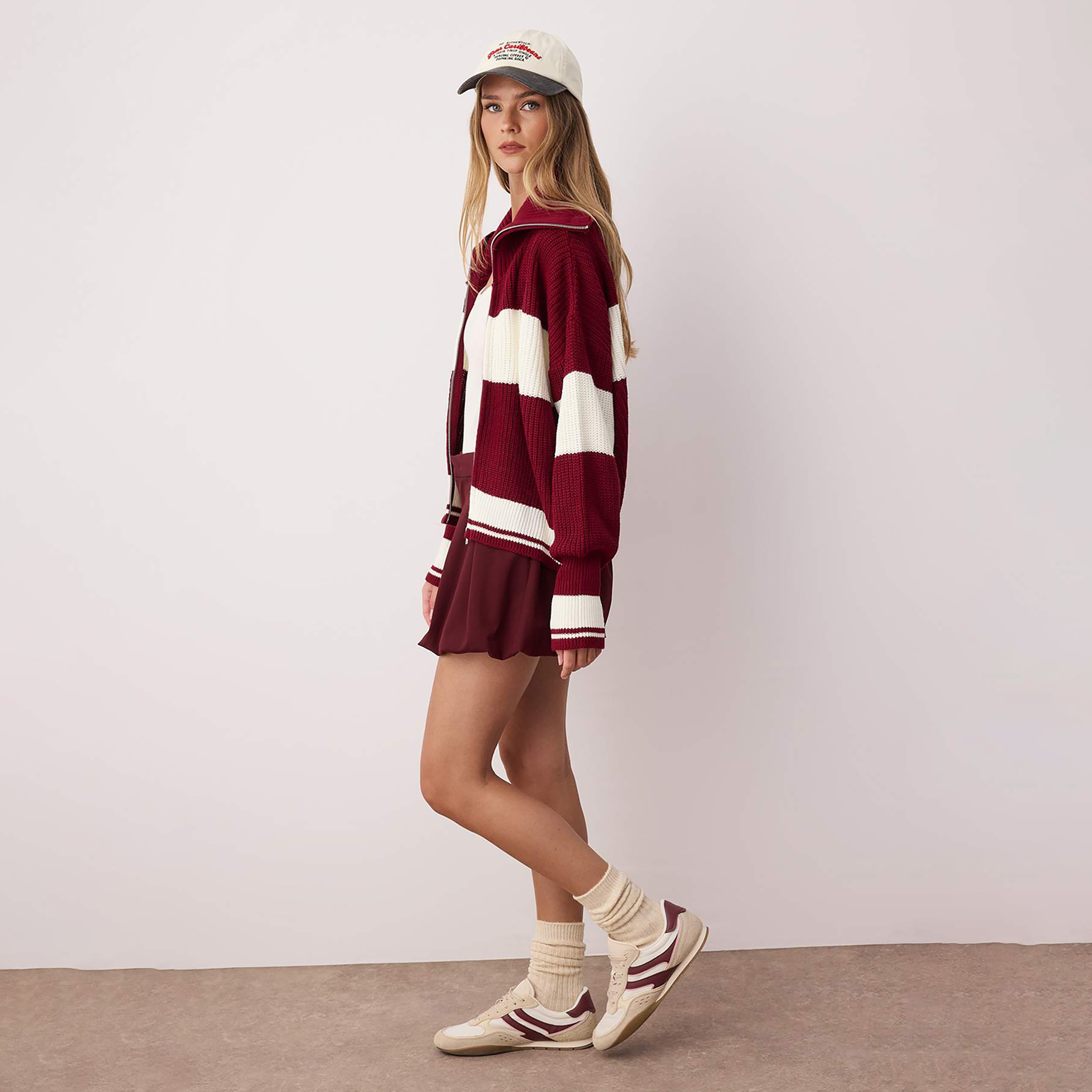 Trendyolmilla Burgundy Color-Blocked Collared Dropped Sleeves Women's Cardigan-women-winterwear-cardigansandjumpers-cardigans-image-2