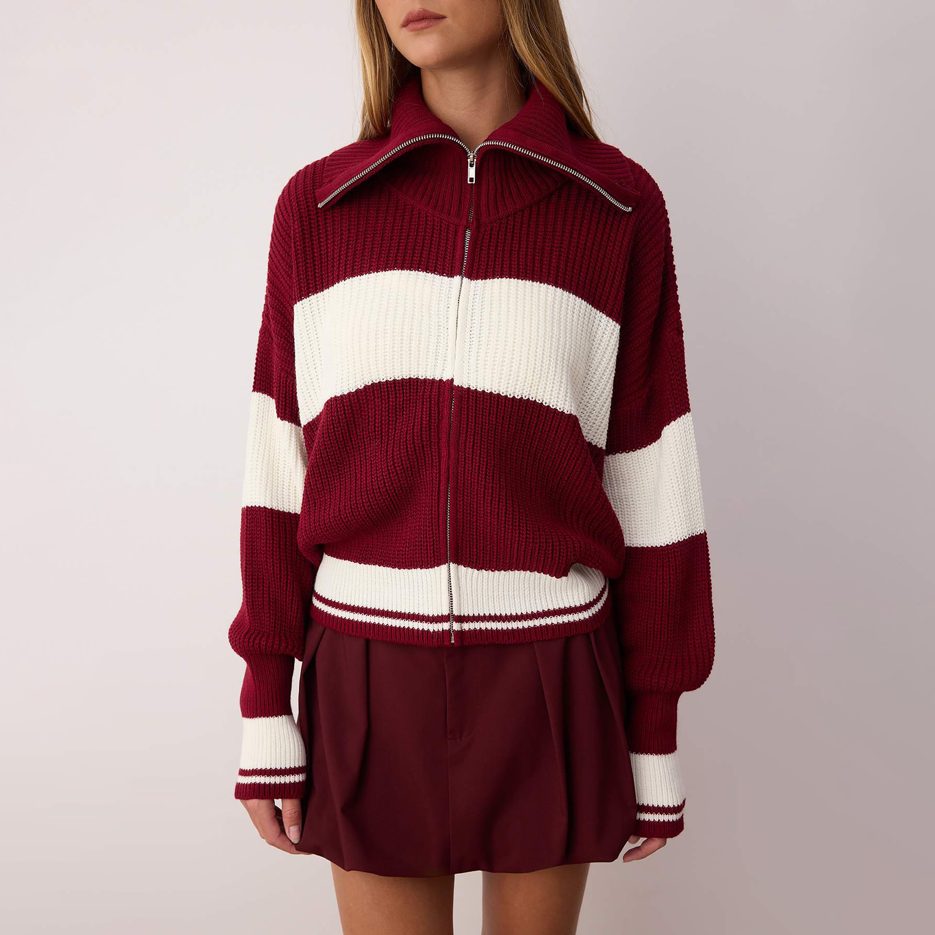 Trendyolmilla Burgundy Color-Blocked Collared Dropped Sleeves Women's Cardigan-women-winterwear-cardigansandjumpers-cardigans-image-4