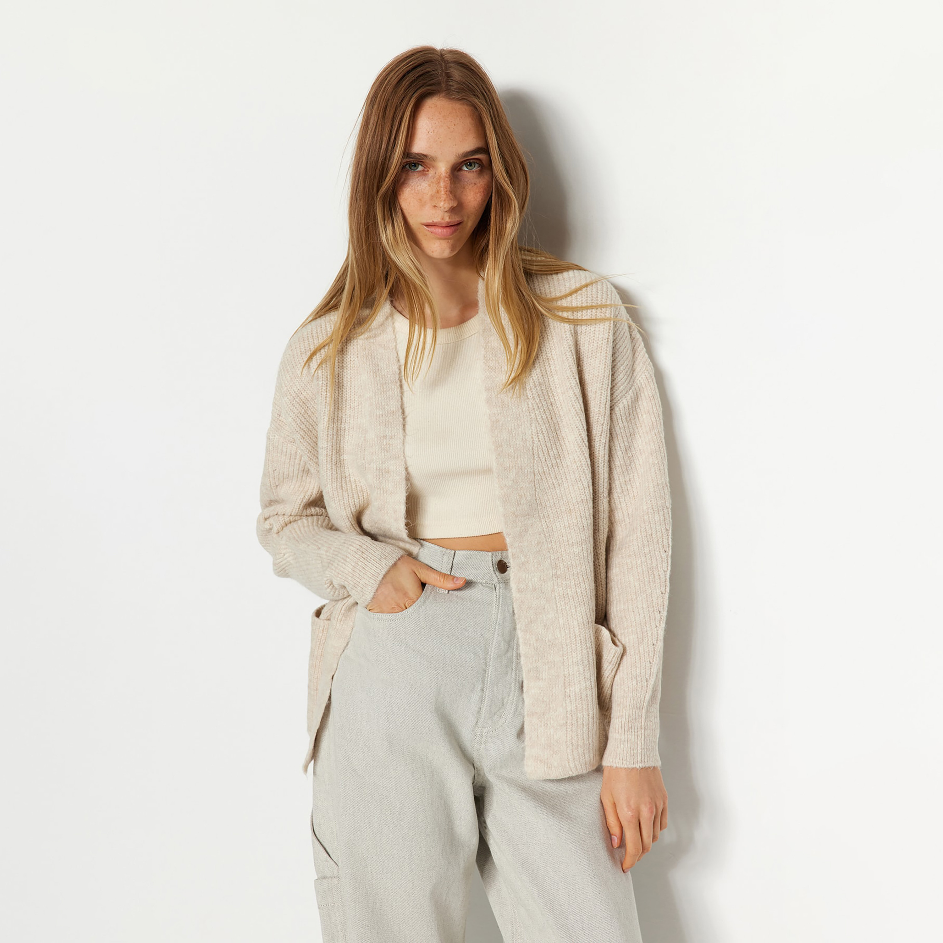 Trendyolmilla Stone Dropped Sleeves Women's Cardigan-women-winterwear-cardigansandjumpers-cardigans-image-4