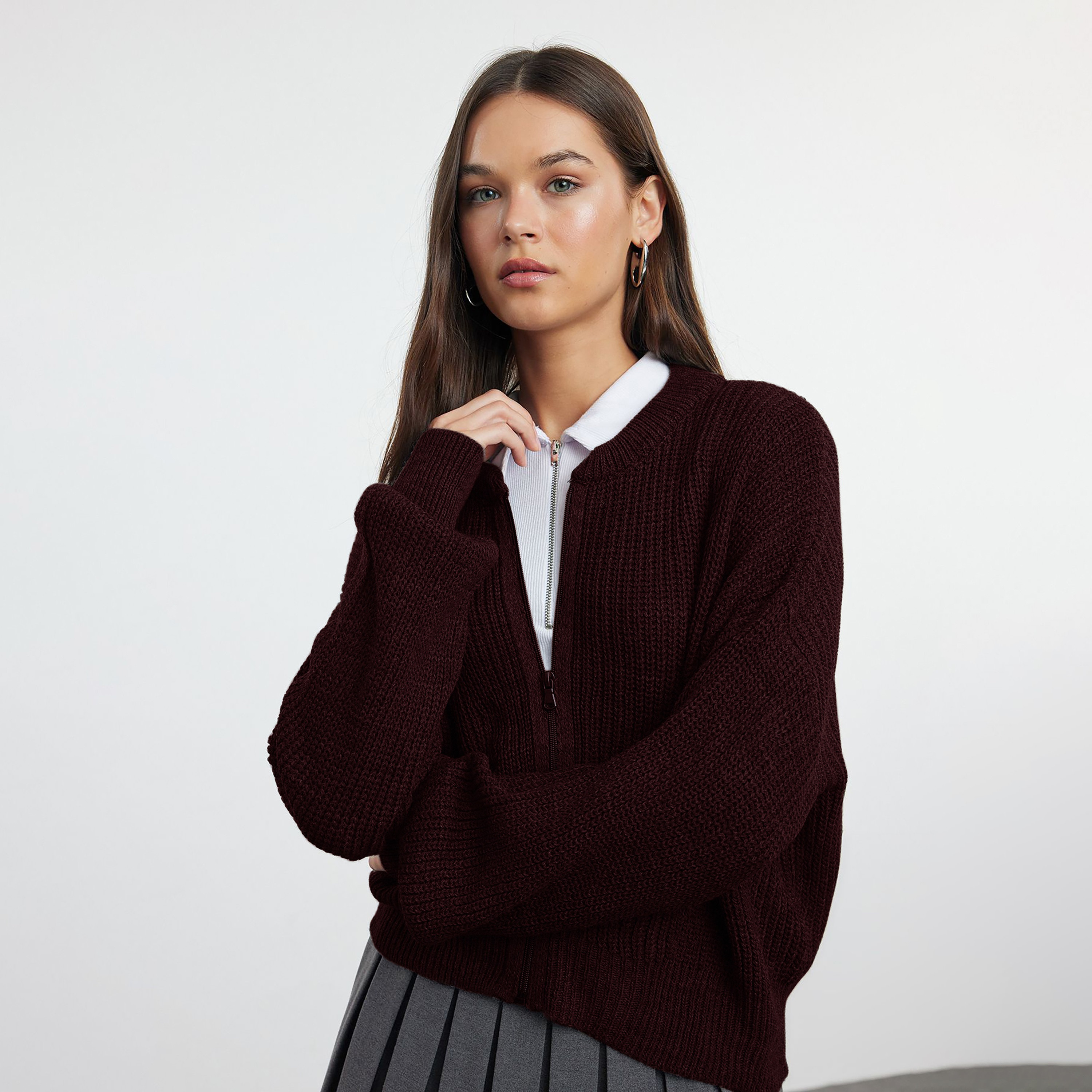 كارديجان حريمي بملمس مضلع بياقة ماندرين وأكمام مسدلة من تريندyol ميلا-women-winterwear-cardigansandjumpers-cardigans-image-1