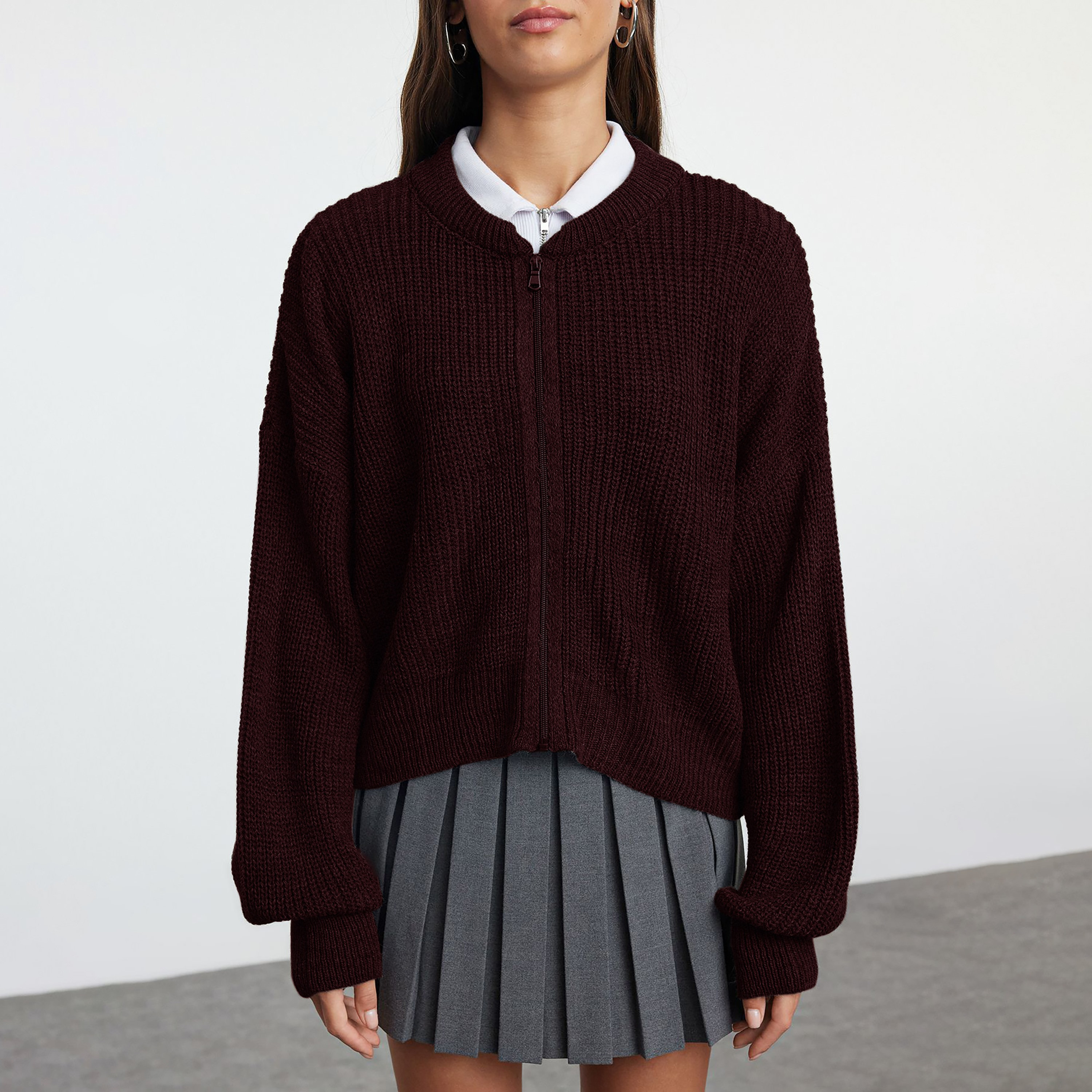 كارديجان حريمي بملمس مضلع بياقة ماندرين وأكمام مسدلة من تريندyol ميلا-women-winterwear-cardigansandjumpers-cardigans-image-3