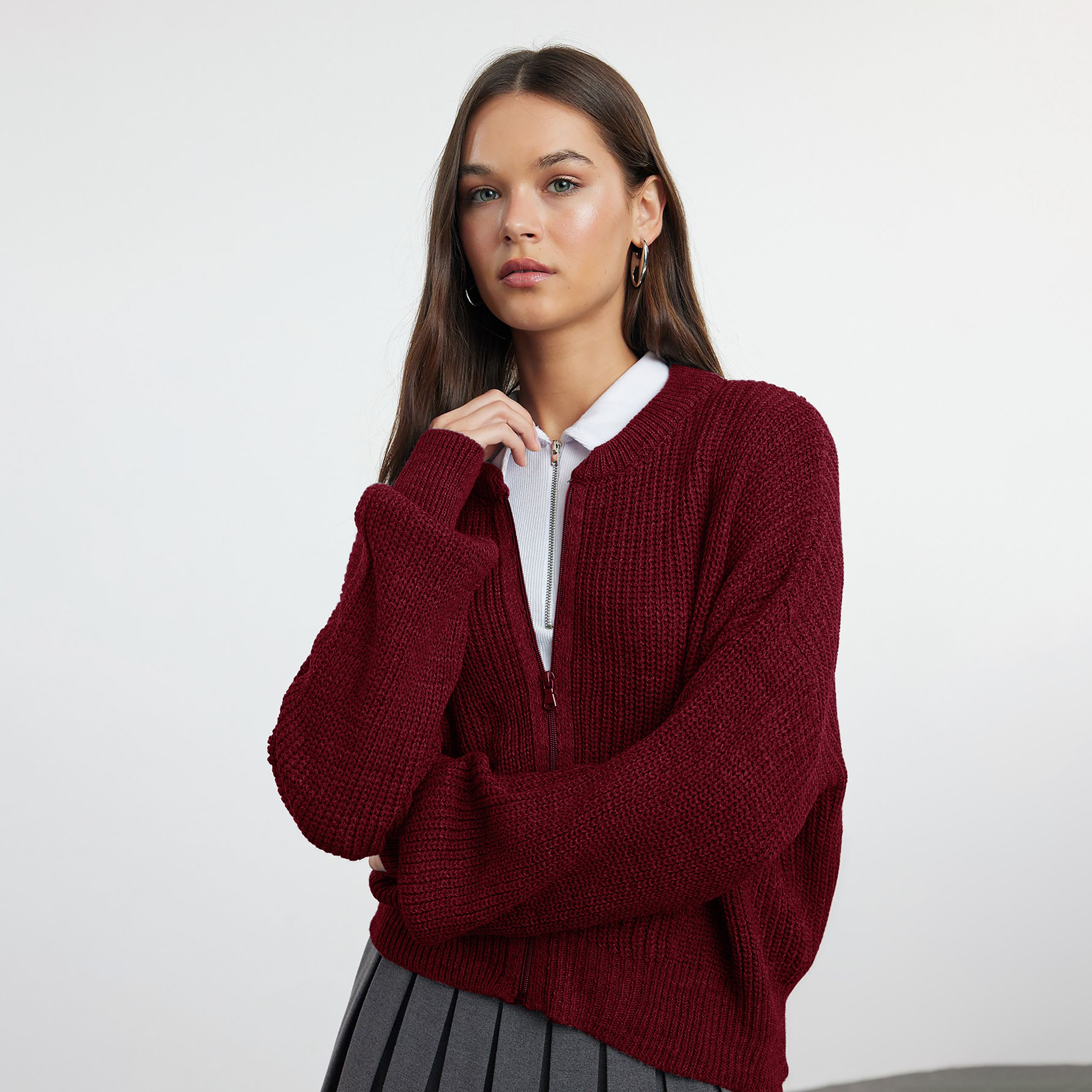 كارديجان حريمي بملمس مضلع بياقة ماندرين وأكمام مسدلة من تريندyol ميلا-women-winterwear-cardigansandjumpers-cardigans-image-1