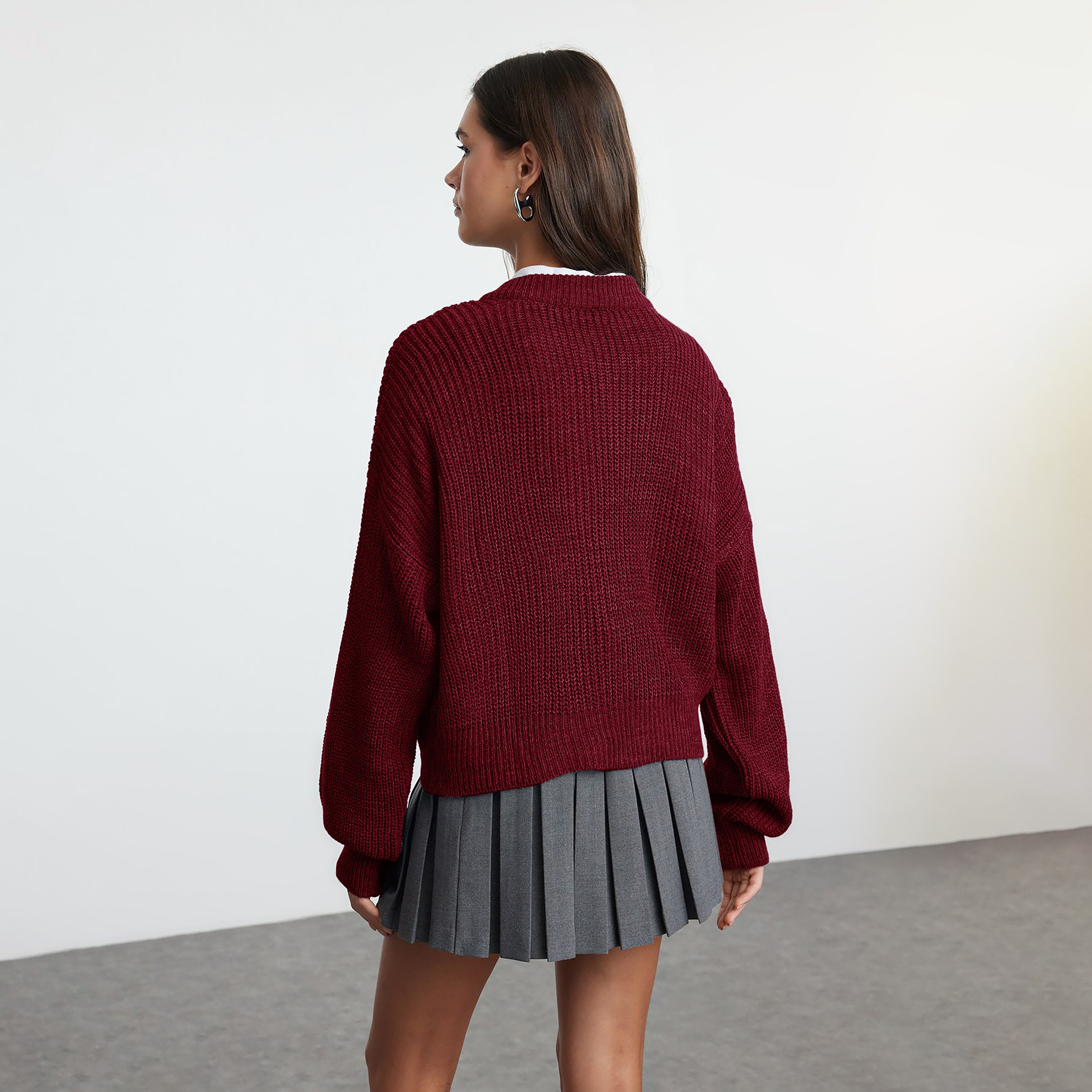 كارديجان حريمي بملمس مضلع بياقة ماندرين وأكمام مسدلة من تريندyol ميلا-women-winterwear-cardigansandjumpers-cardigans-image-4