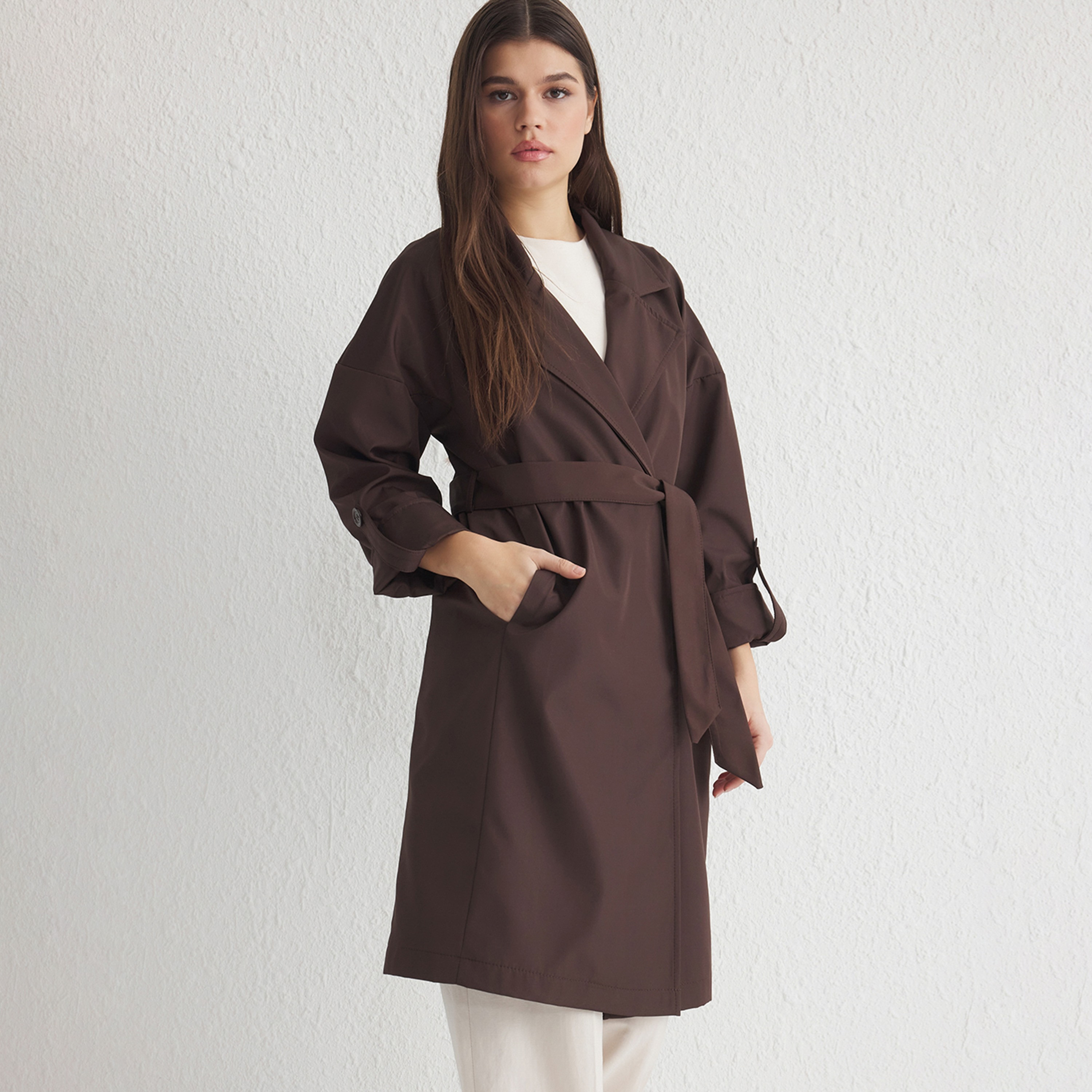 Trendyolmilla Lapel Collared Dropped Sleeves Women's Wrap Style Trench Coat-women-winterwear-coatsandjackets-coats-image-1