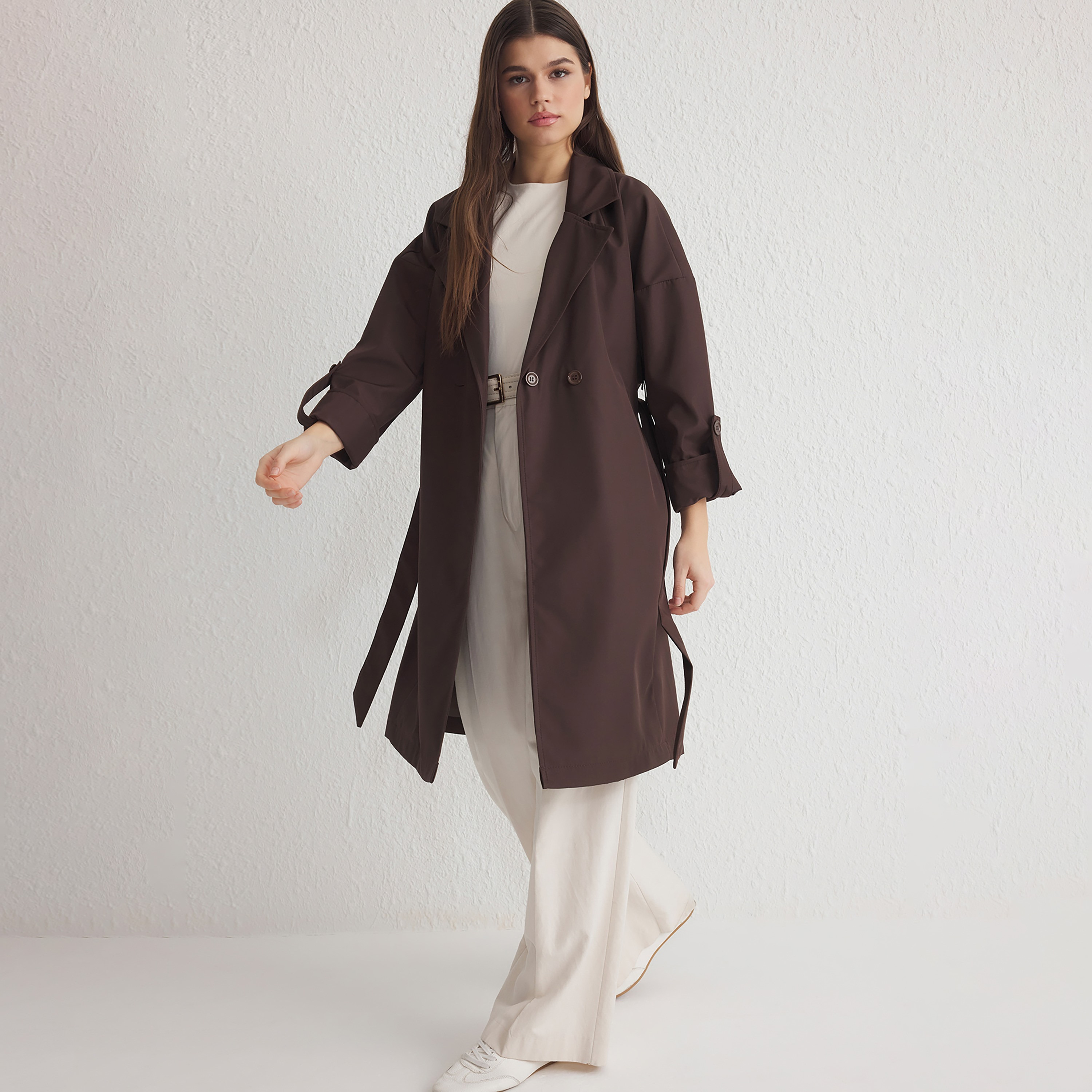 Trendyolmilla Lapel Collared Dropped Sleeves Women's Wrap Style Trench Coat-women-winterwear-coatsandjackets-coats-image-2
