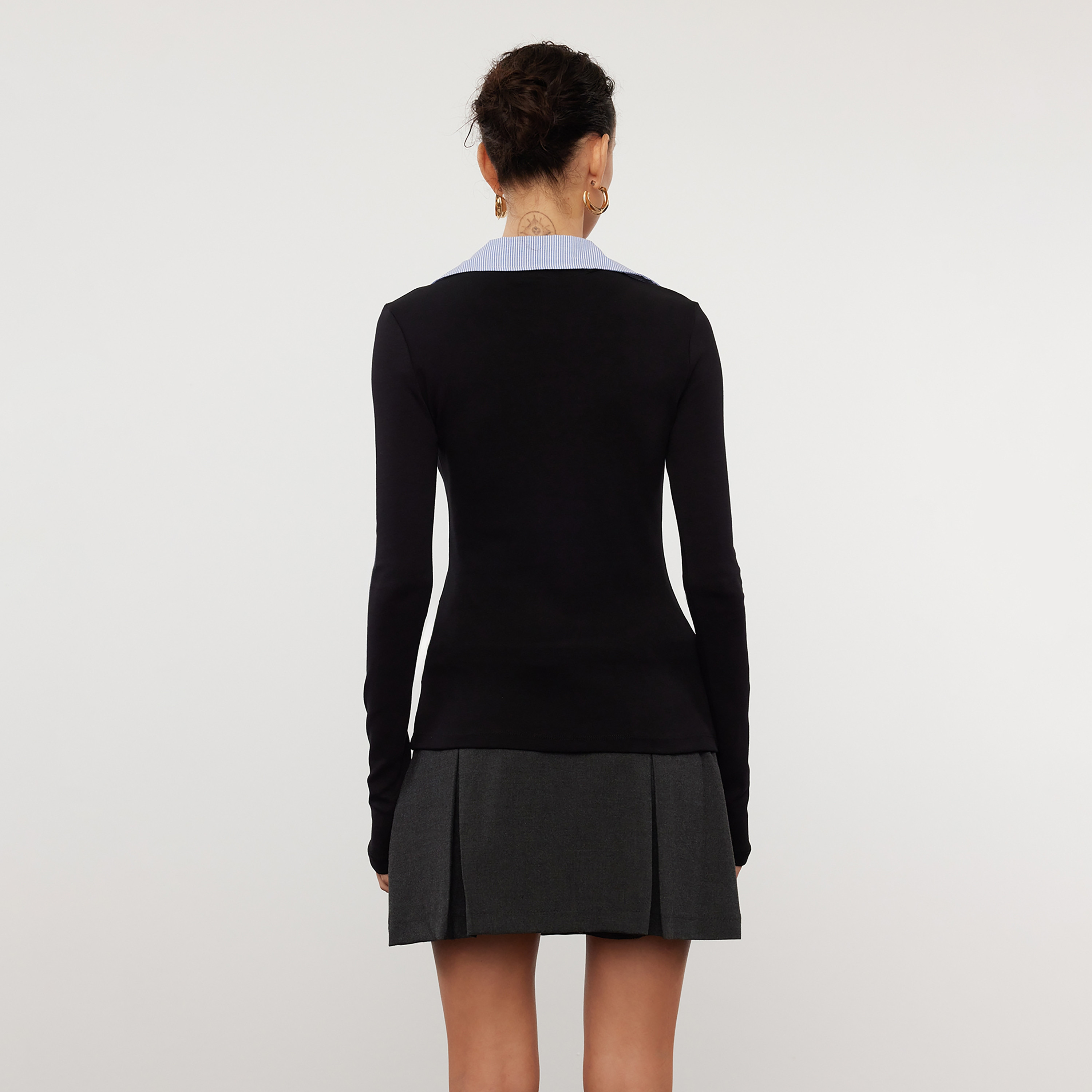 Trendyolmilla Black Cotton Contrast Collared Fitted Sleeves Women's Top-women-clothing-shirtsandblouses-blouses-image-3