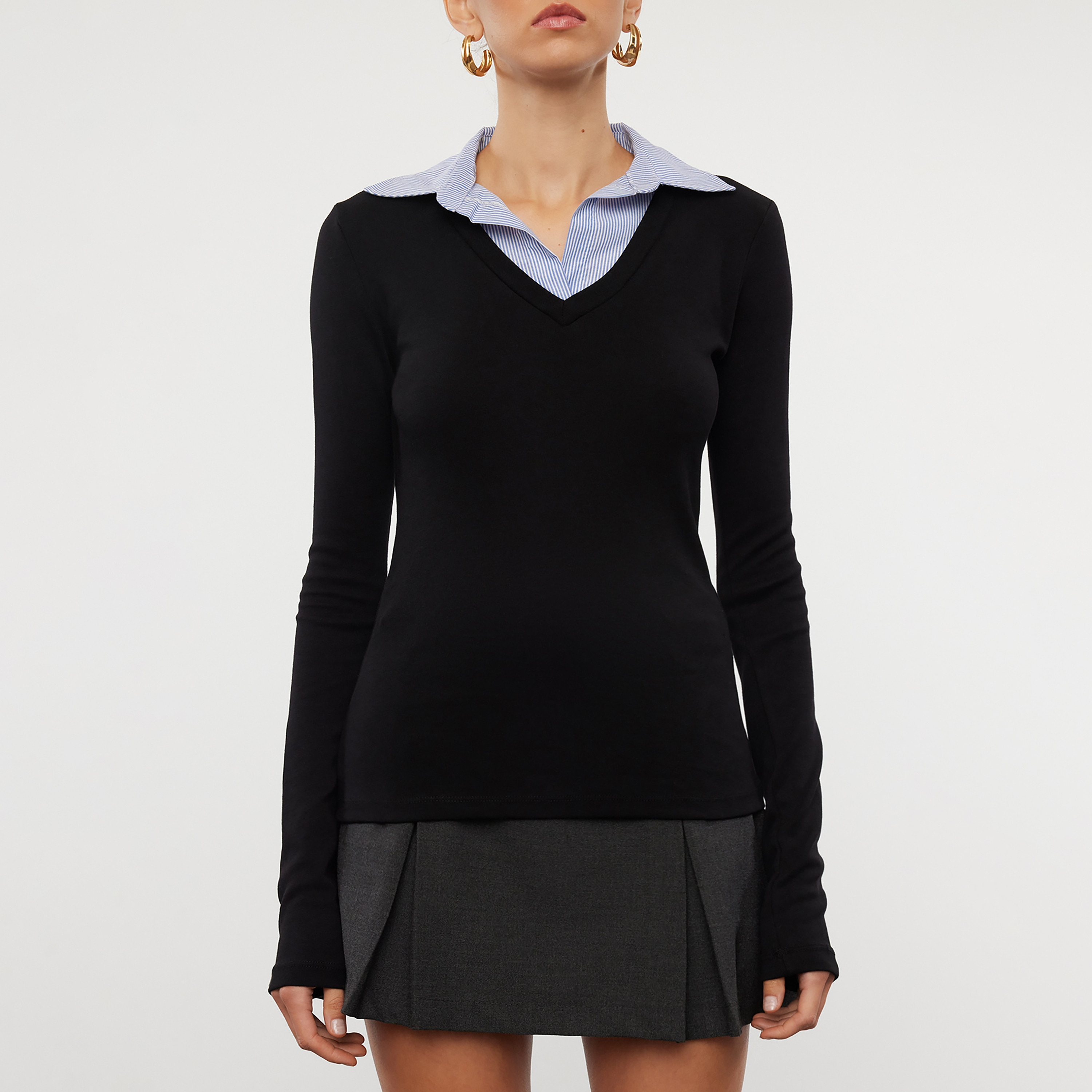 Trendyolmilla Black Cotton Contrast Collared Fitted Sleeves Women's Top-women-clothing-shirtsandblouses-blouses-image-4