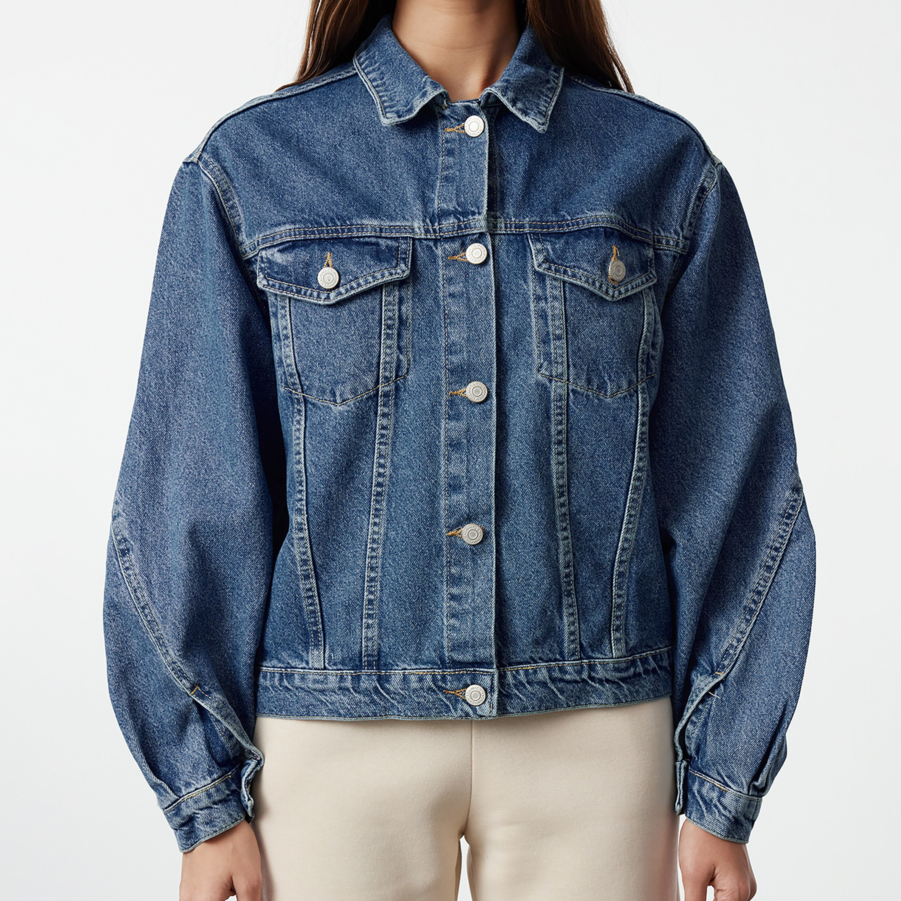 Trendyolmilla Blue Cotton Collared Women's Denim Jacket-women-winterwear-coatsandjackets-jackets-image-4