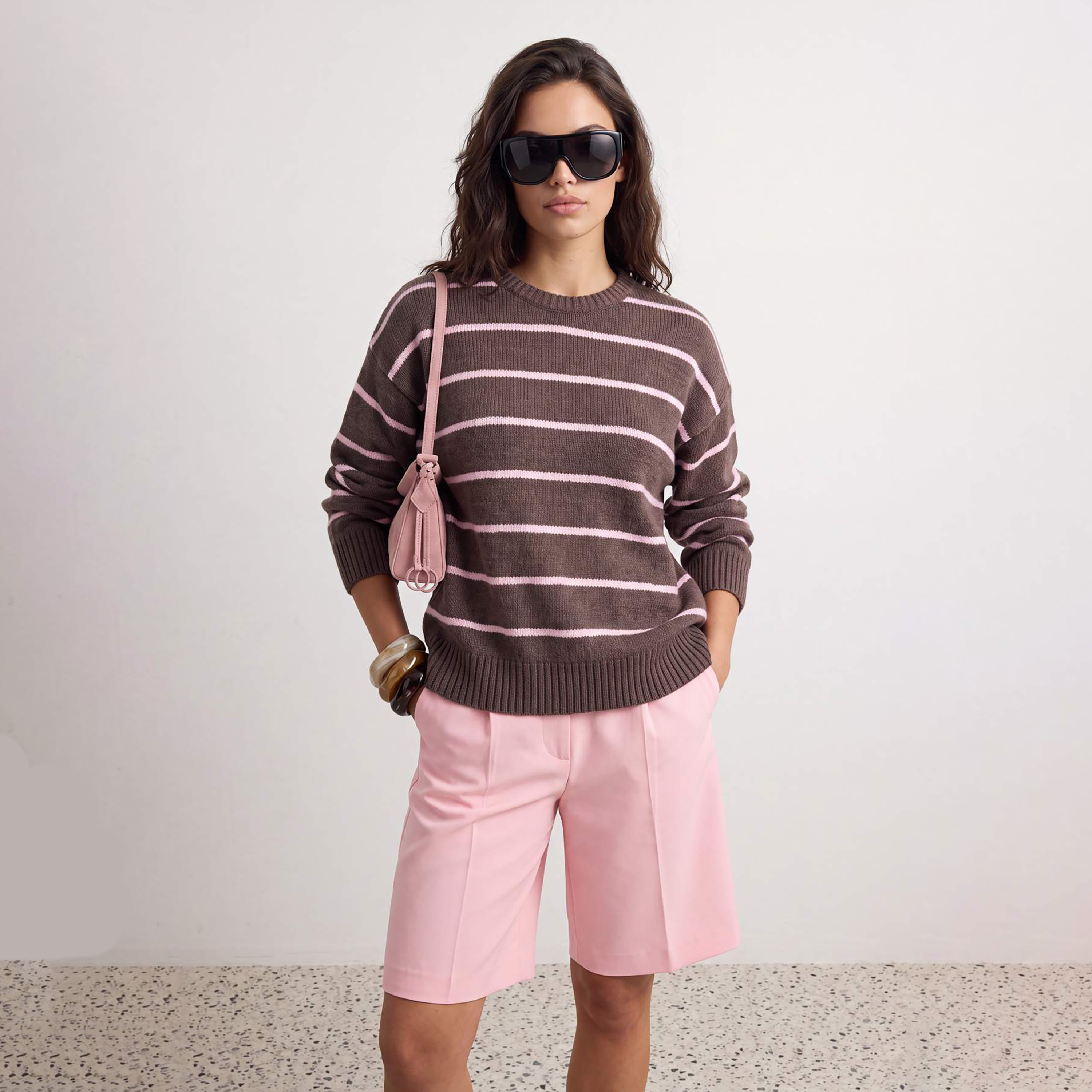 بلوفر حريمي مخطط باللون البني بأكمام مسدلة من ترينديول ميلا-women-winterwear-cardigansandjumpers-jumpers-image-1