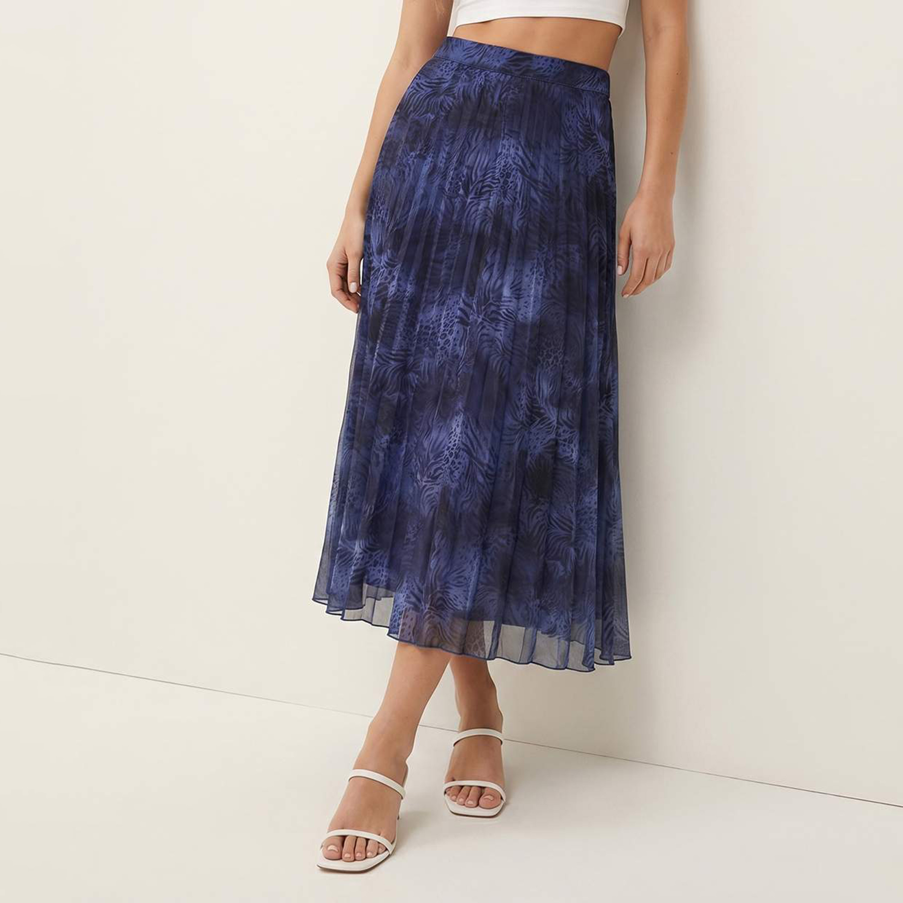 تنورة ميدي نسائية زرقاء بطبعة تجريدية من الشيفون، مطوية وغير متماثلة-women-clothing-skirts-image-1