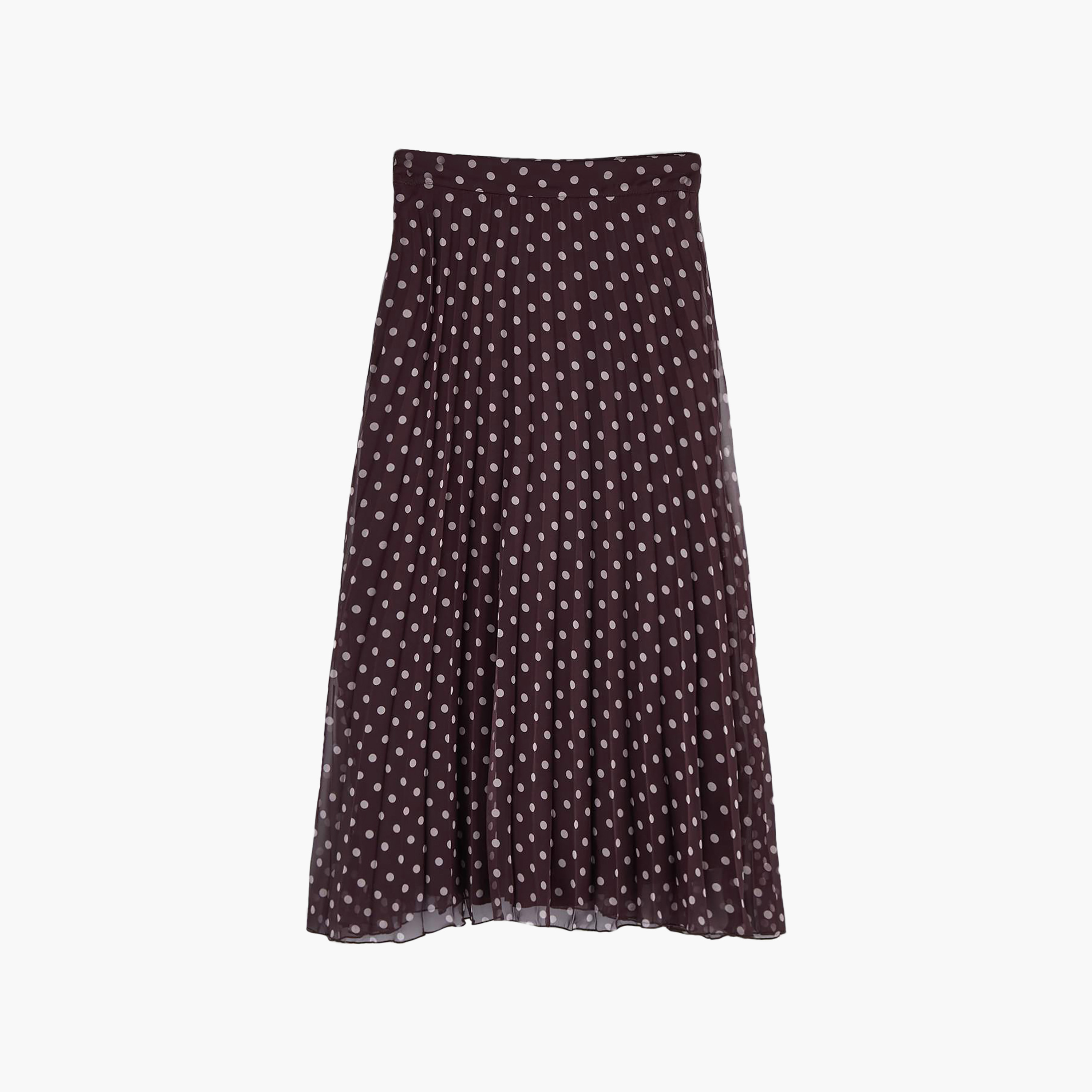 تنورة ميدي نسائية من الشيفون البني المنقط والمطوي على شكل حرف A-women-clothing-skirts-image-7