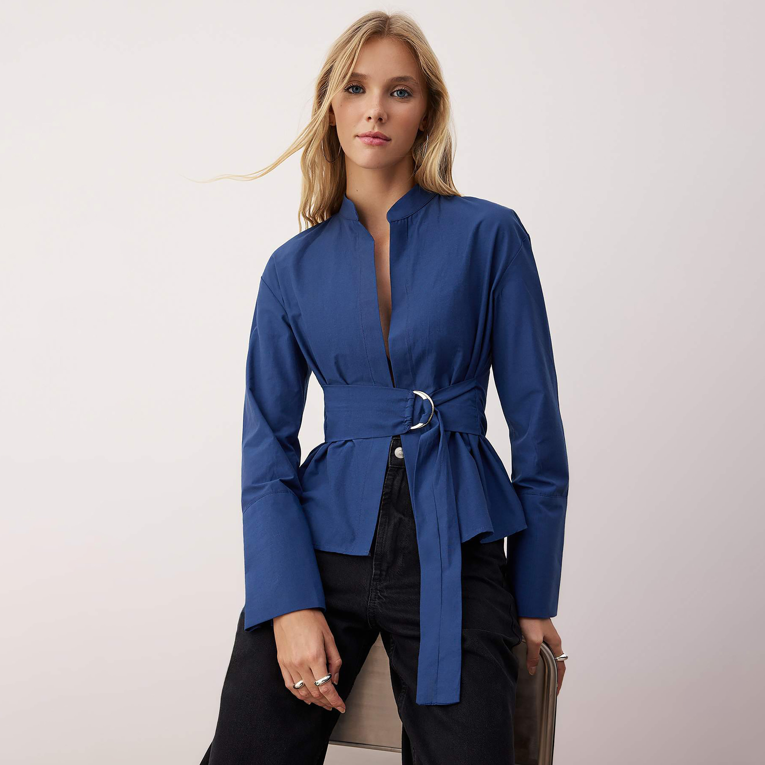 Blue Mandarin Collar Wrap Women's Top-women-clothing-shirtsandblouses-blouses-image-1