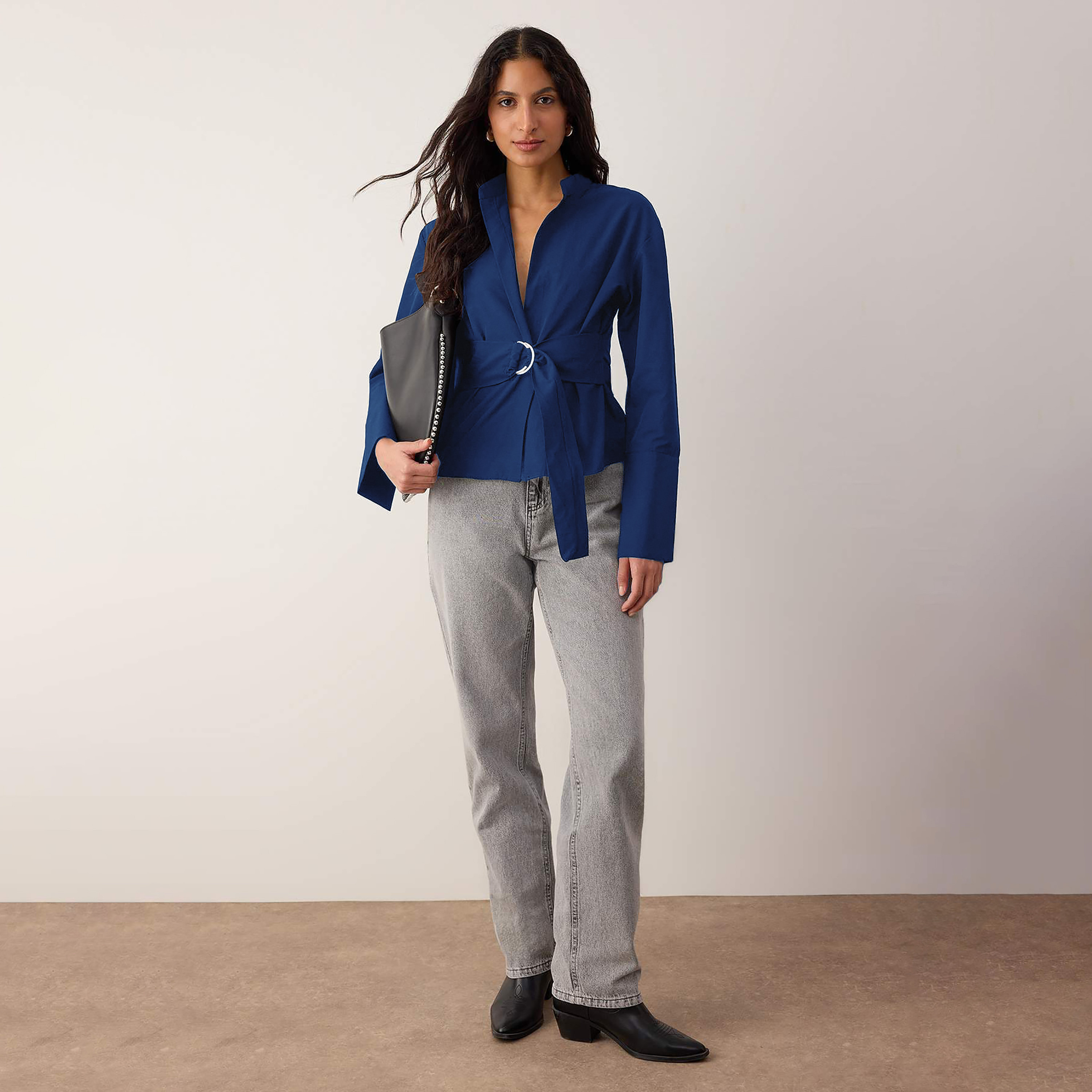 Blue Mandarin Collar Wrap Women's Top-women-clothing-shirtsandblouses-blouses-image-2