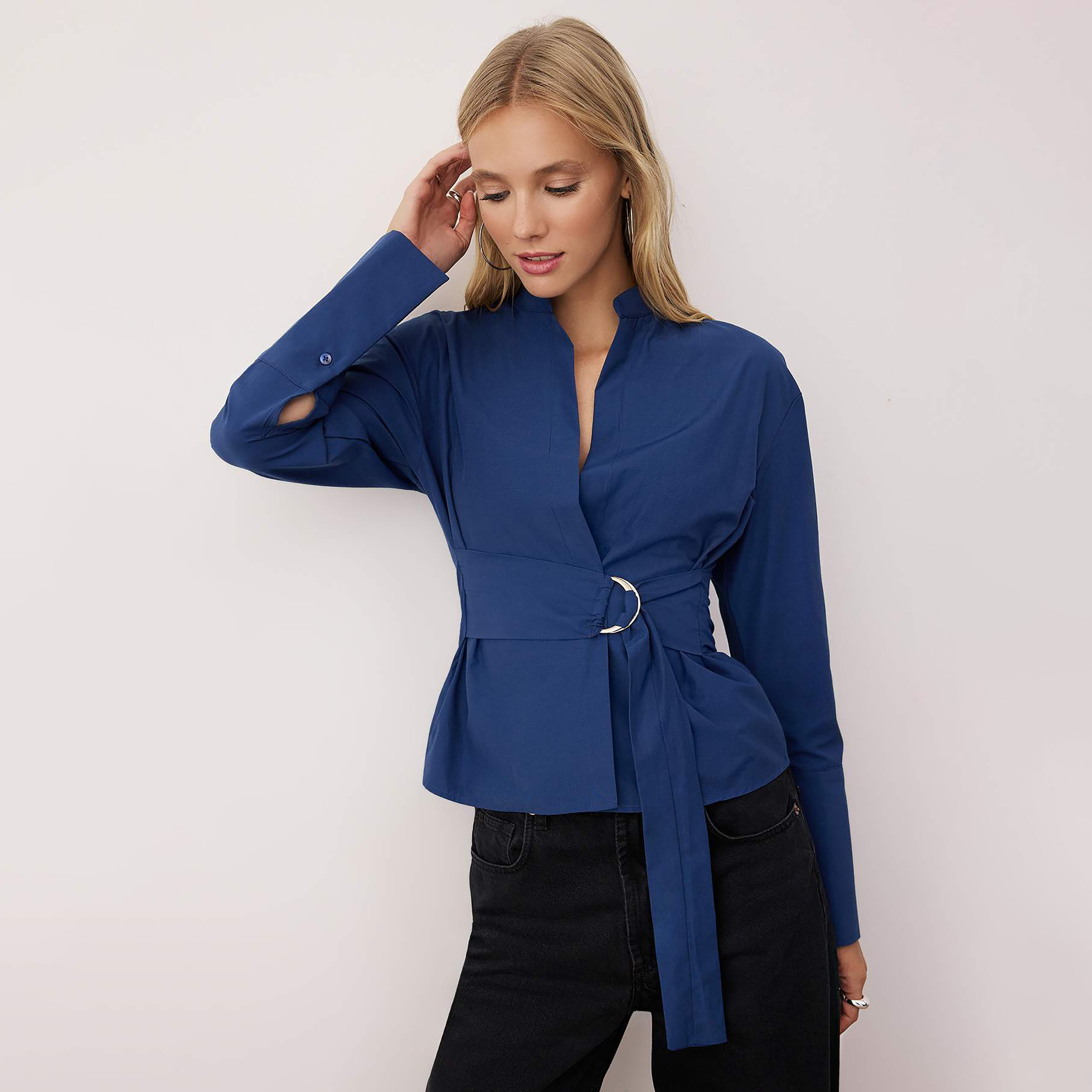 Blue Mandarin Collar Wrap Women's Top-women-clothing-shirtsandblouses-blouses-image-3