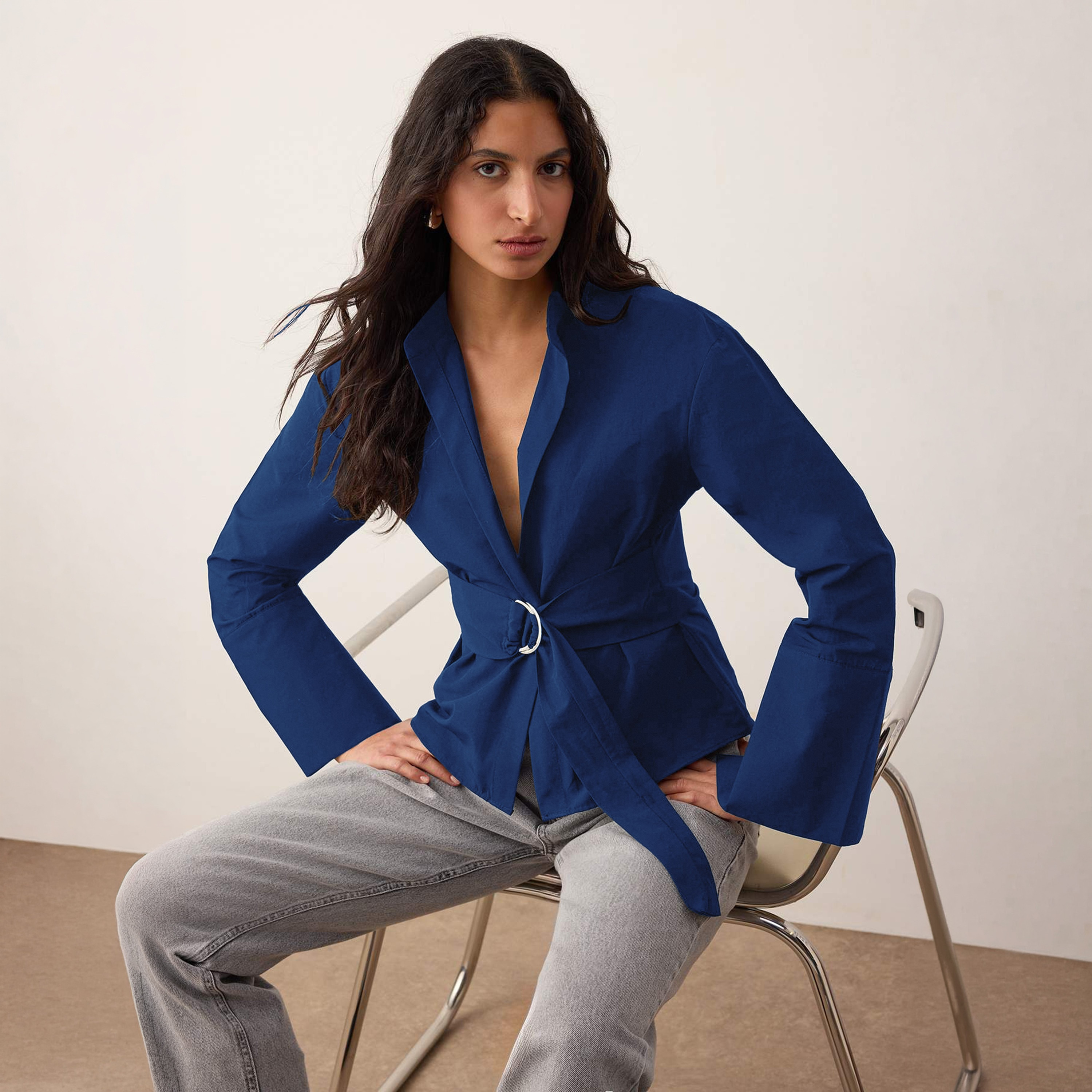 Blue Mandarin Collar Wrap Women's Top-women-clothing-shirtsandblouses-blouses-image-4