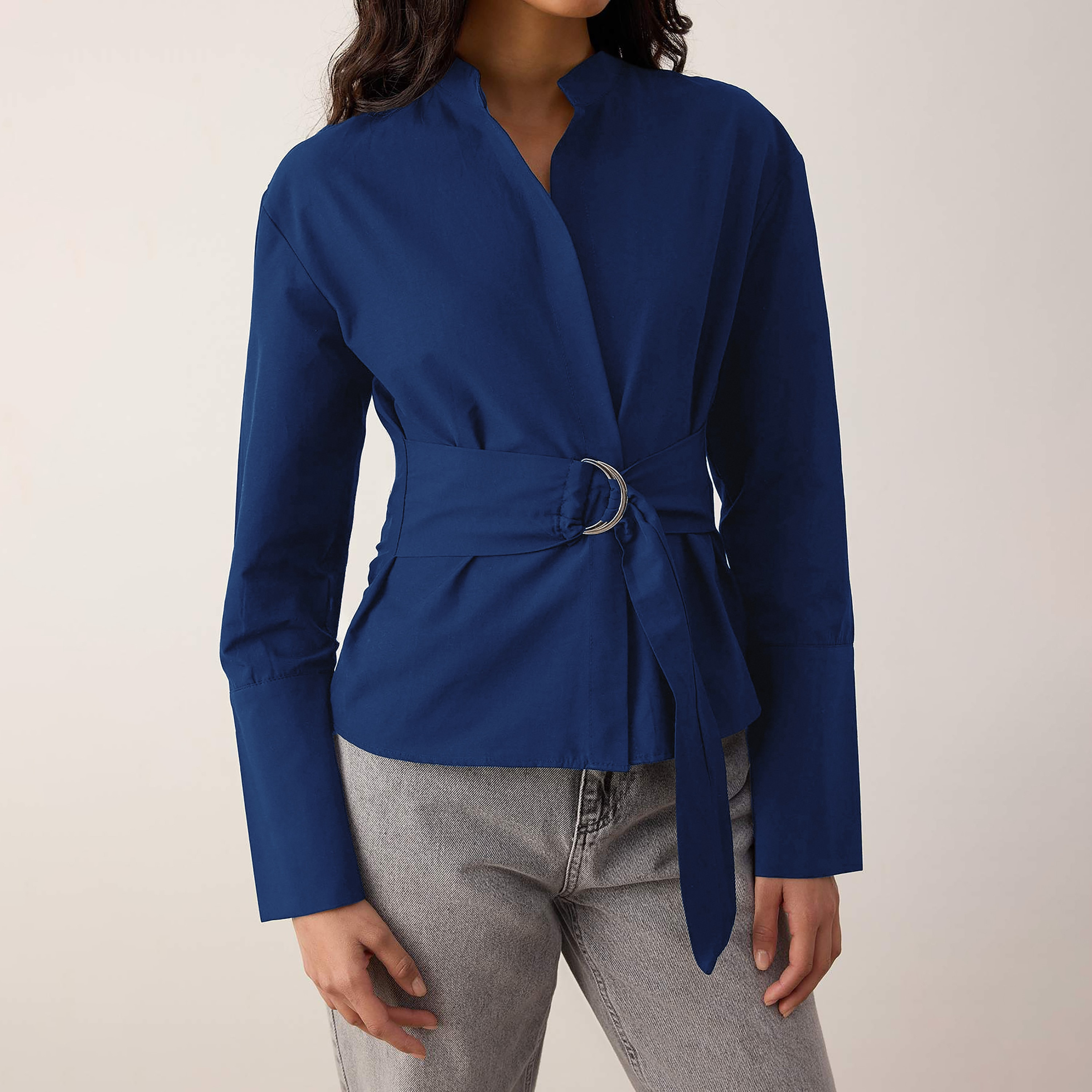 Blue Mandarin Collar Wrap Women's Top-women-clothing-shirtsandblouses-blouses-image-6