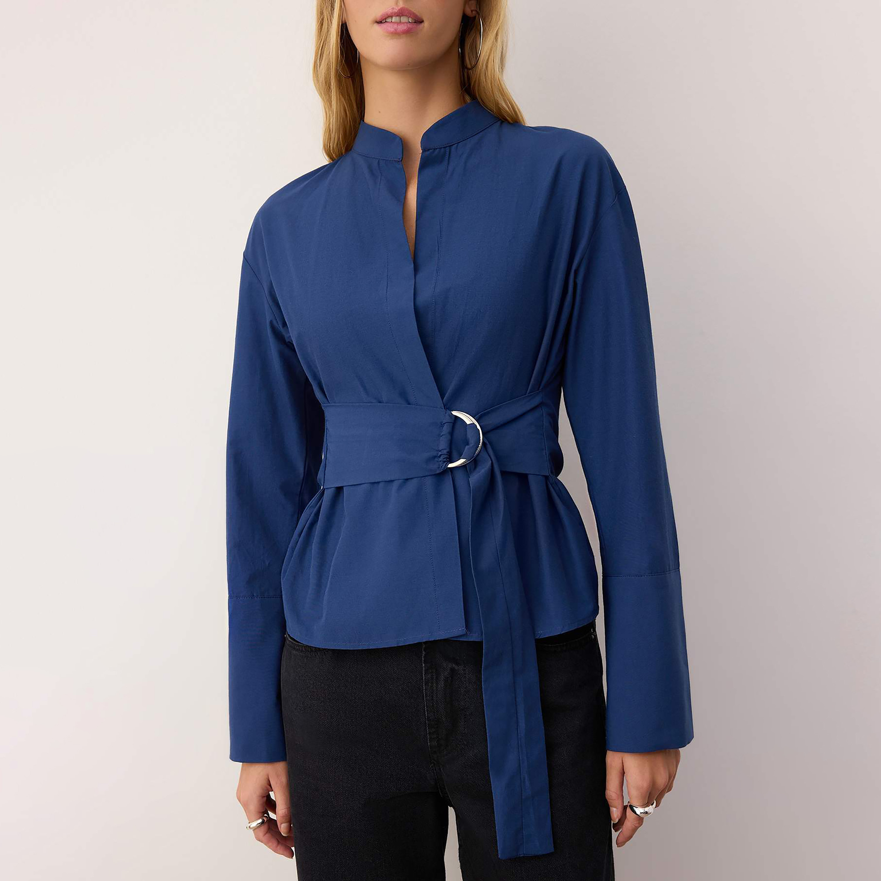 Blue Mandarin Collar Wrap Women's Top-women-clothing-shirtsandblouses-blouses-image-7