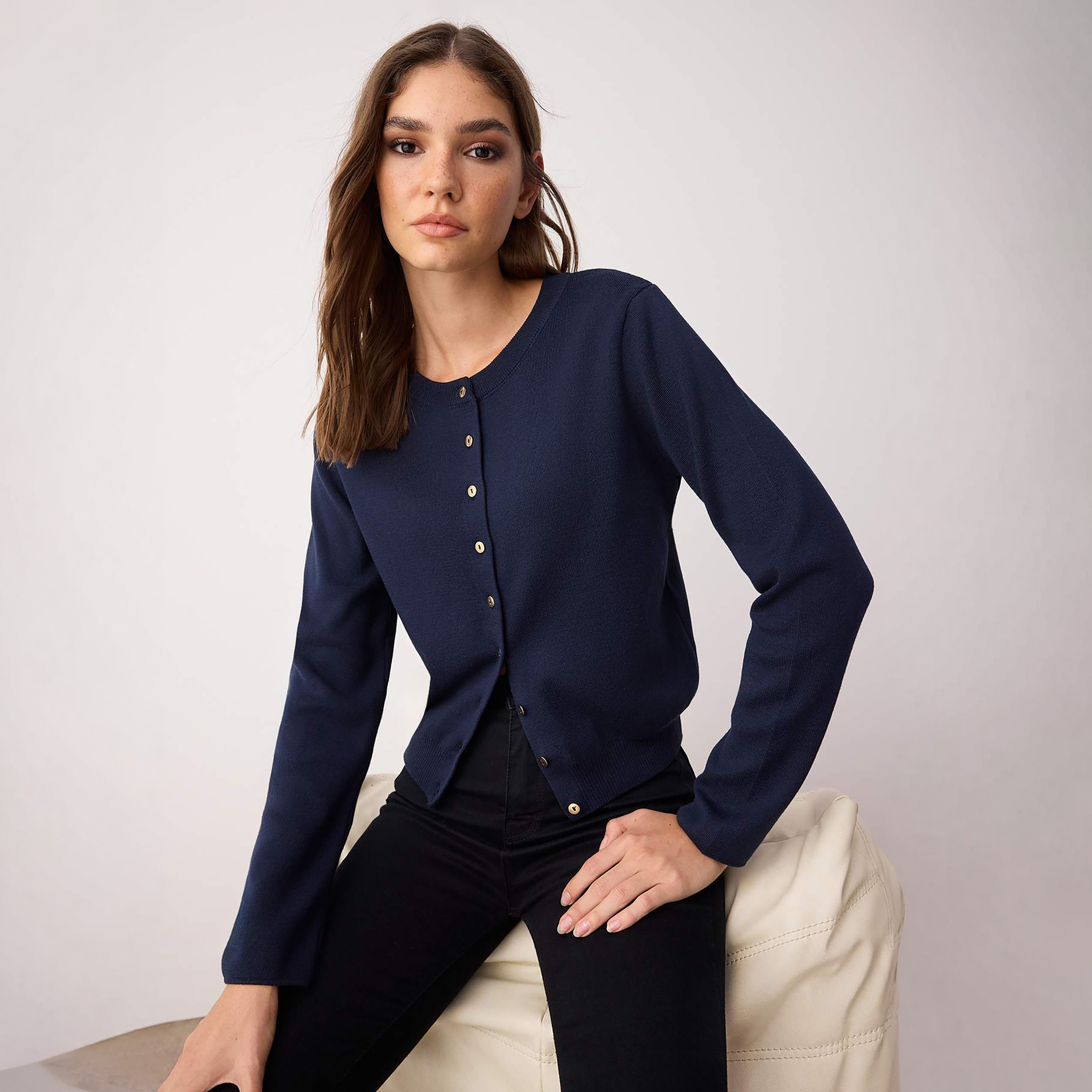 كارديجان حريمي بأكمام ضيقة باللون الكحلي من تريندي يول ميلا-women-winterwear-cardigansandjumpers-cardigans-image-3