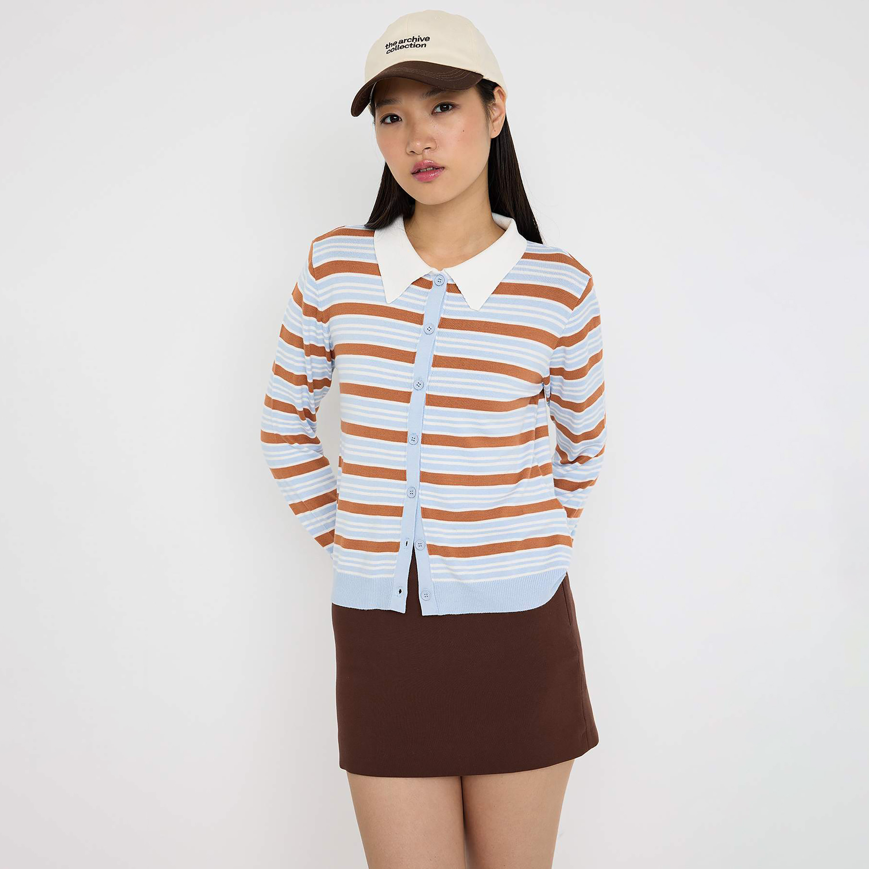 كارديجان حريمي مخطط متعدد الألوان بياقة متباينة من ترينديول ميلا-women-winterwear-cardigansandjumpers-cardigans-image-1