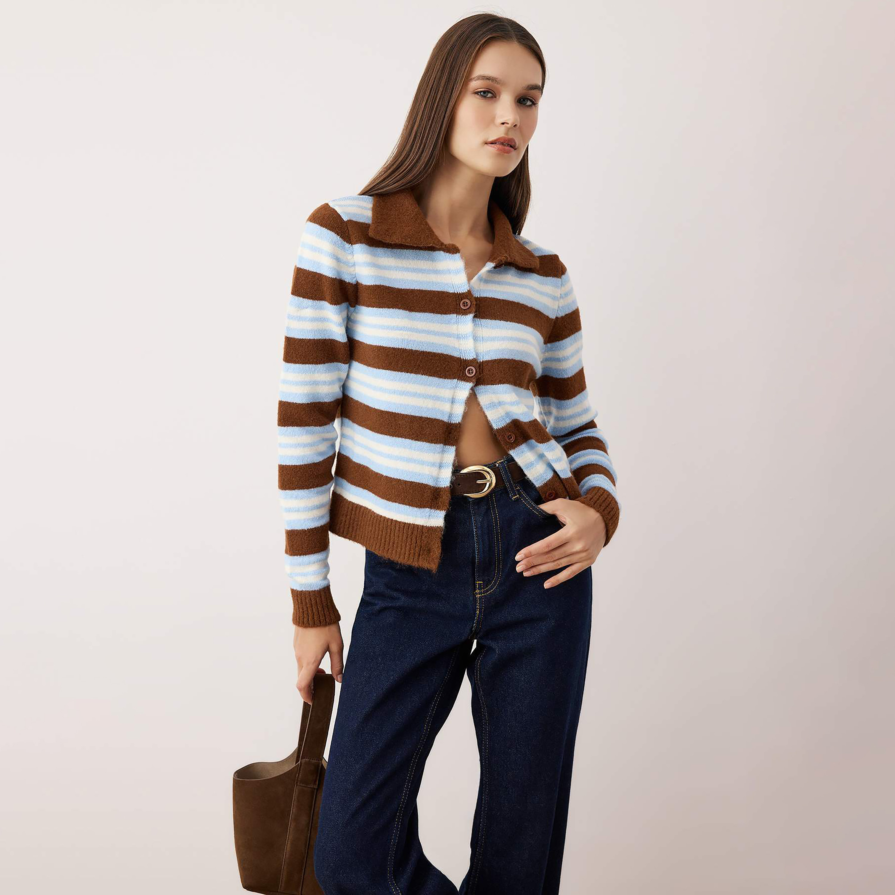 كارديجان حريمي مخطط باللون البني بياقة من ترينديول ميلا-women-winterwear-cardigansandjumpers-cardigans-image-1