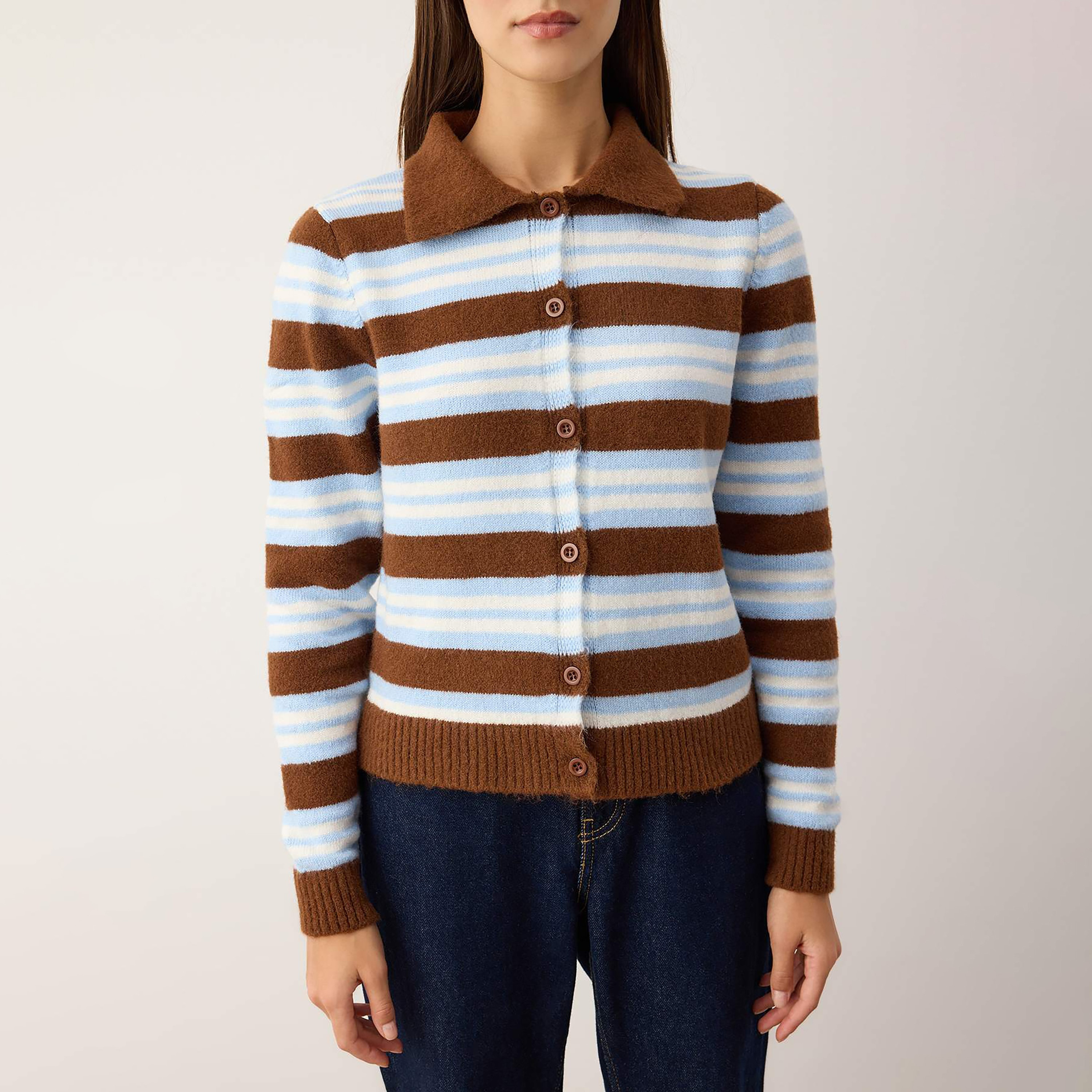 كارديجان حريمي مخطط باللون البني بياقة من ترينديول ميلا-women-winterwear-cardigansandjumpers-cardigans-image-3
