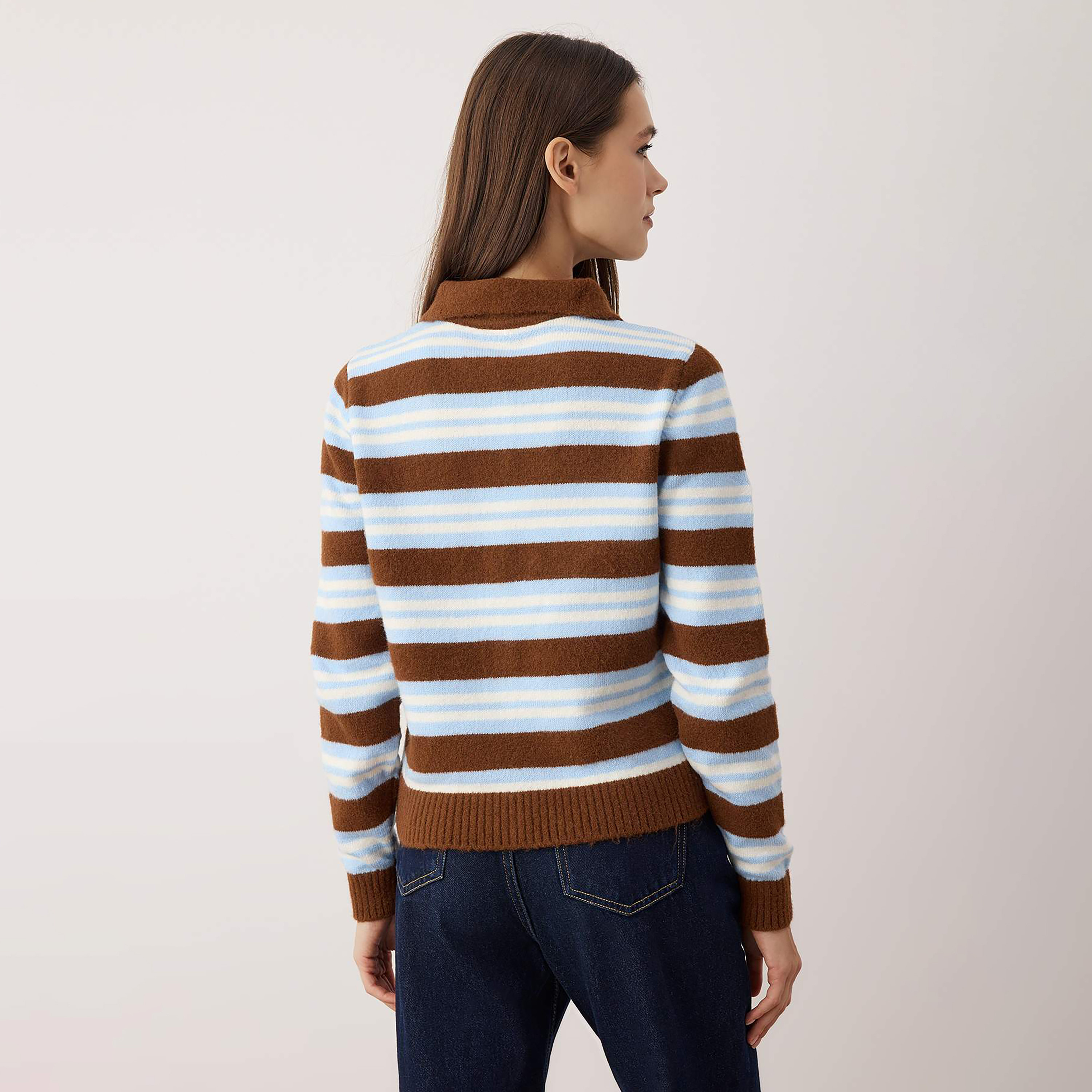 كارديجان حريمي مخطط باللون البني بياقة من ترينديول ميلا-women-winterwear-cardigansandjumpers-cardigans-image-4