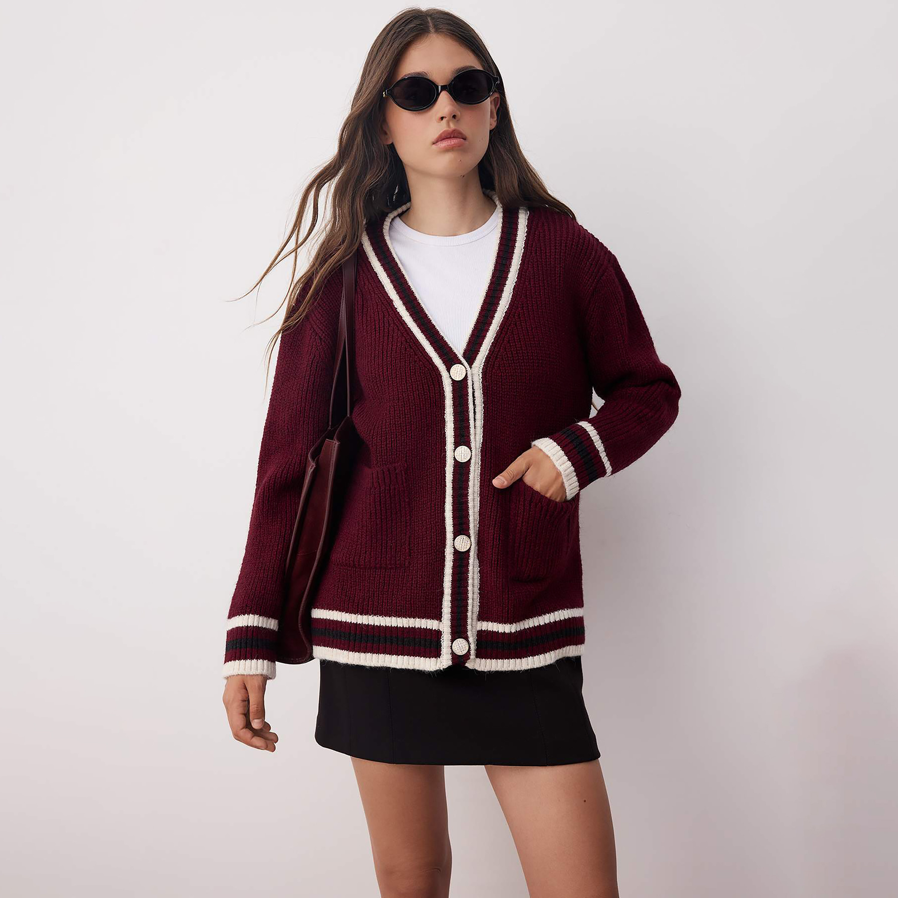 Trendyolmilla Burgundy Striped Dropped Sleeves Women's Cardigan-women-winterwear-cardigansandjumpers-cardigans-image-1