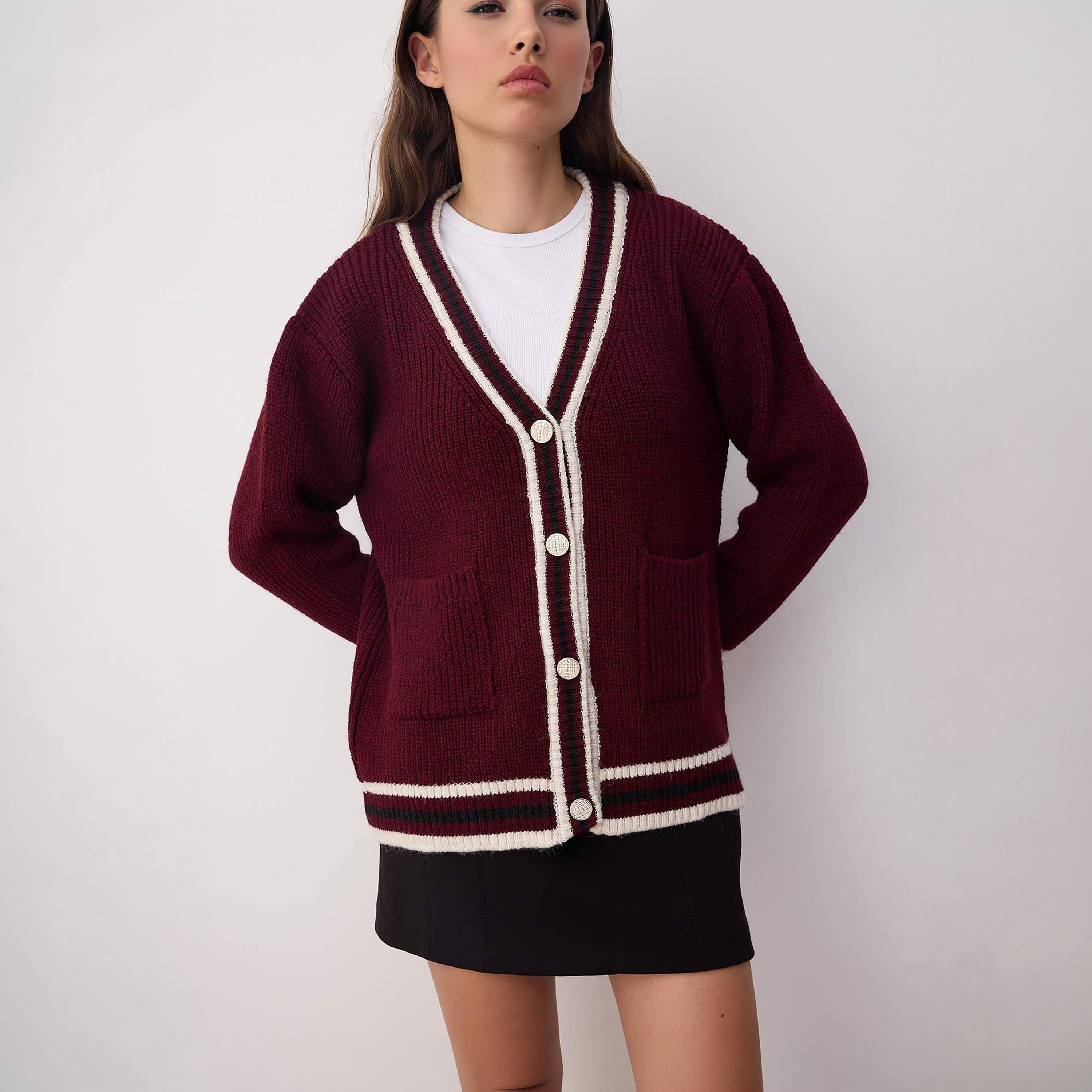 Trendyolmilla Burgundy Striped Dropped Sleeves Women's Cardigan-women-winterwear-cardigansandjumpers-cardigans-image-4