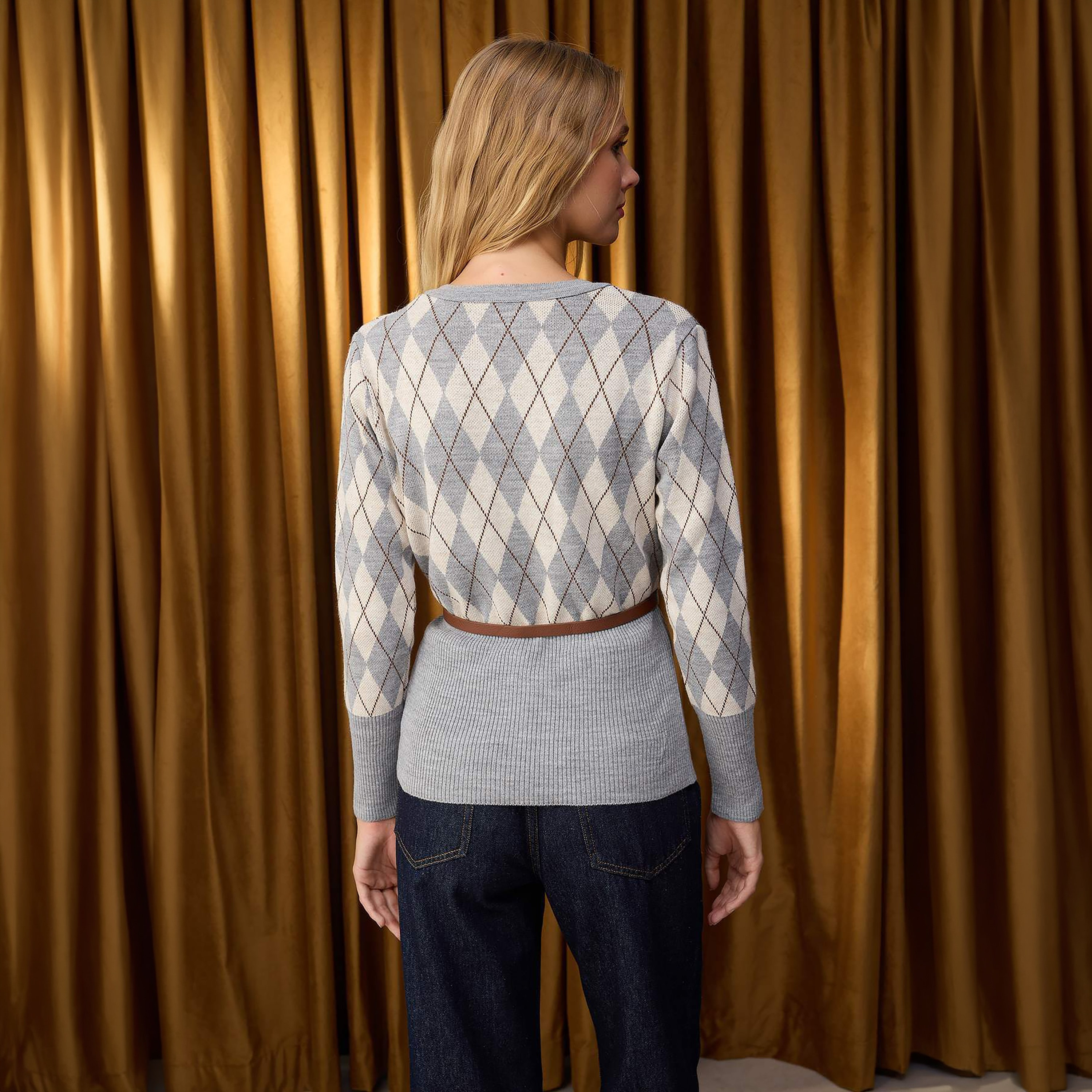 كارديجان حريمي رمادي بنقشة أرجايل من ترينديول ميلا-women-winterwear-cardigansandjumpers-cardigans-image-3