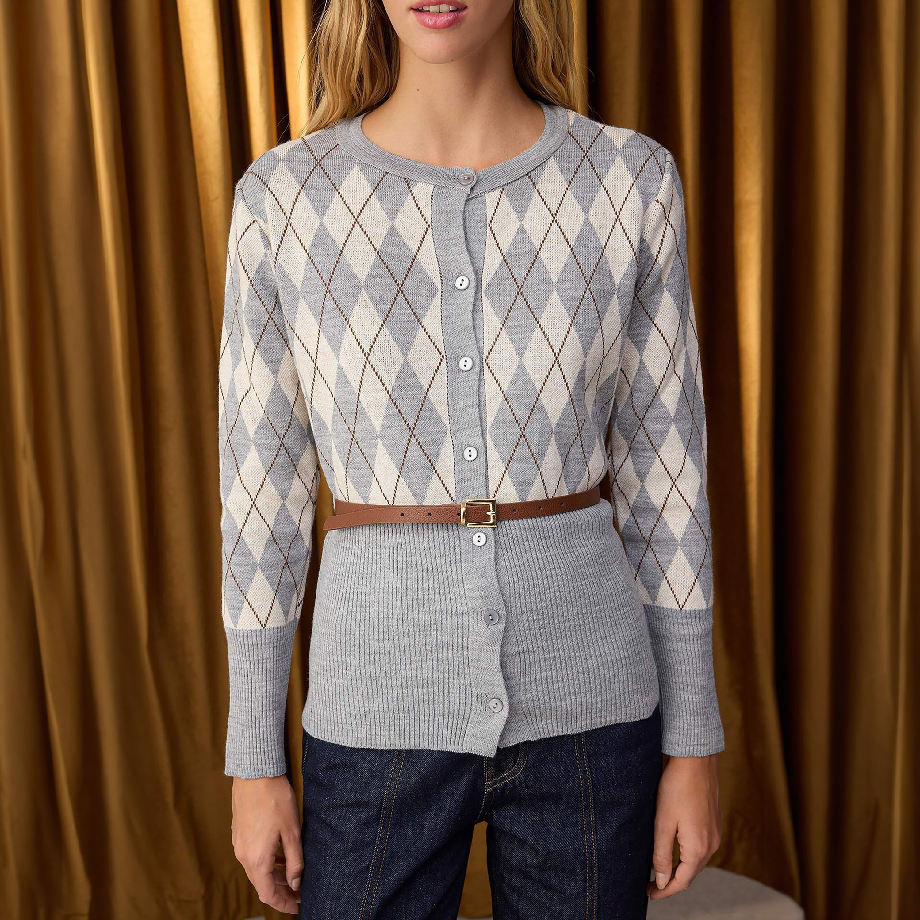كارديجان حريمي رمادي بنقشة أرجايل من ترينديول ميلا-women-winterwear-cardigansandjumpers-cardigans-image-4