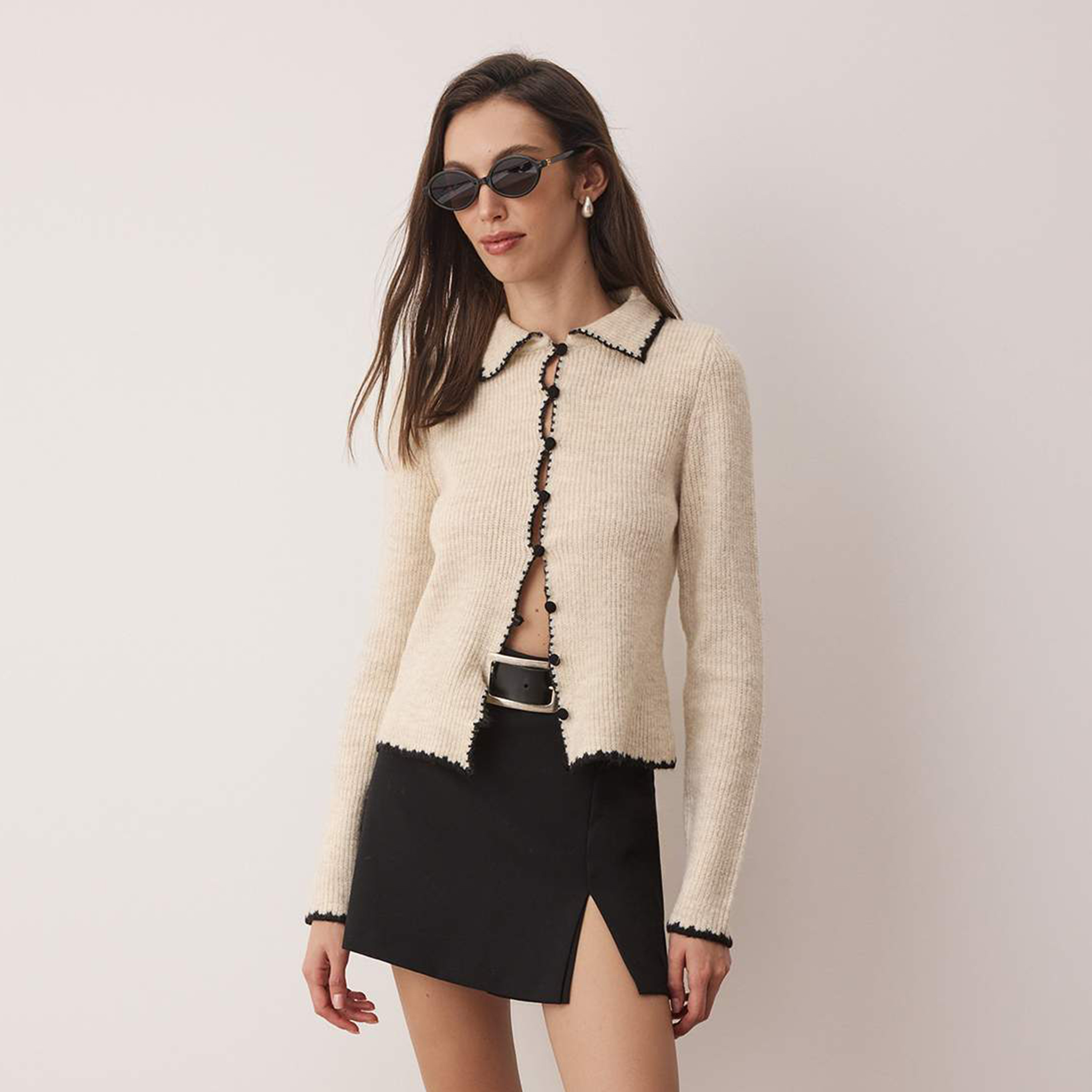 Trendyolmilla Stone Ribbed Knit Collared Women's Cardigan-women-winterwear-cardigansandjumpers-cardigans-image-1