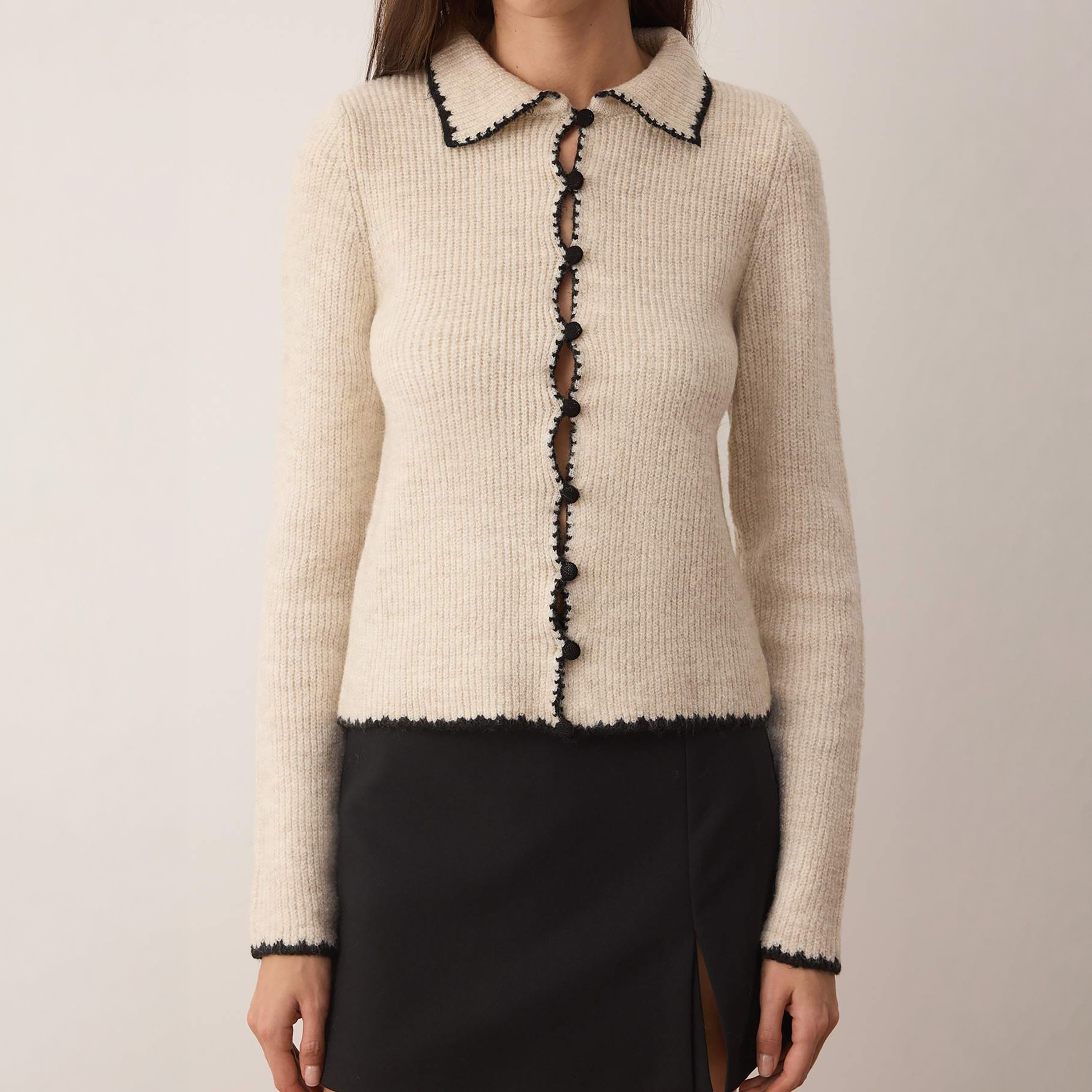 Trendyolmilla Stone Ribbed Knit Collared Women's Cardigan-women-winterwear-cardigansandjumpers-cardigans-image-5