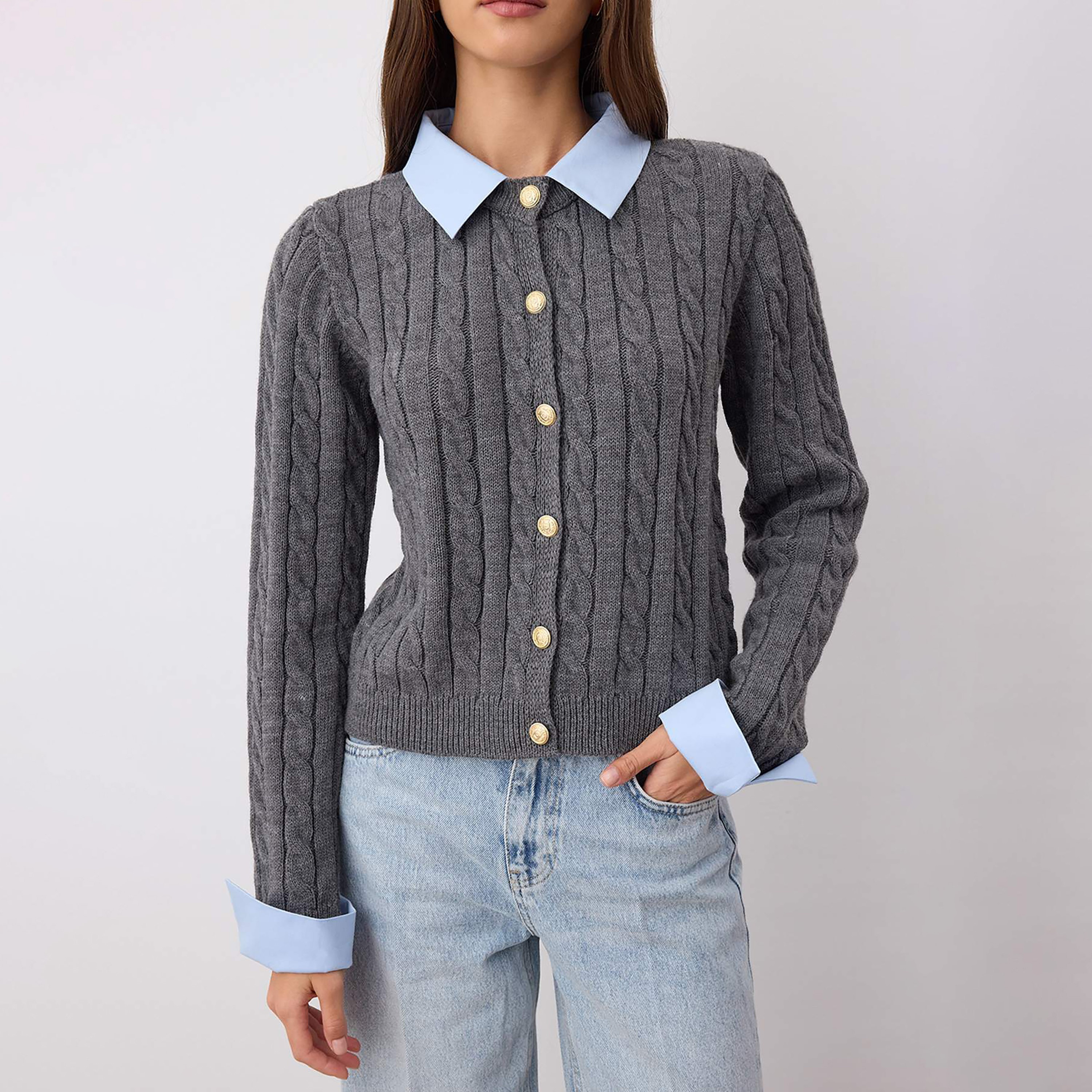 كارديجان حريمي رمادي بتصميم كابل نيت وياقة بلون متباين من تريندyol ميلا-women-winterwear-cardigansandjumpers-cardigans-image-4