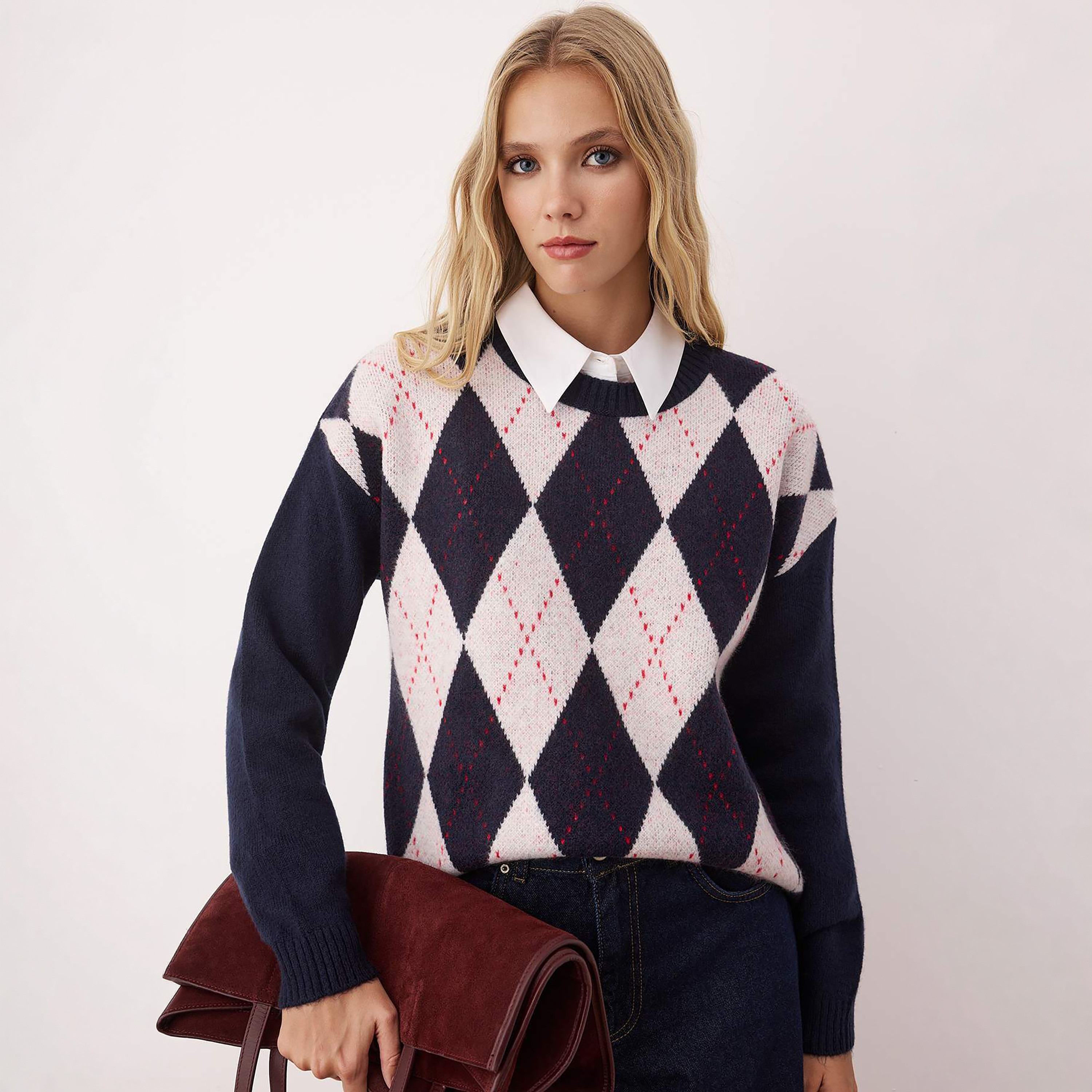 Trendyolmilla Navy Checked Dropped Sleeves Women's Sweater-women-winterwear-cardigansandjumpers-jumpers-image-1