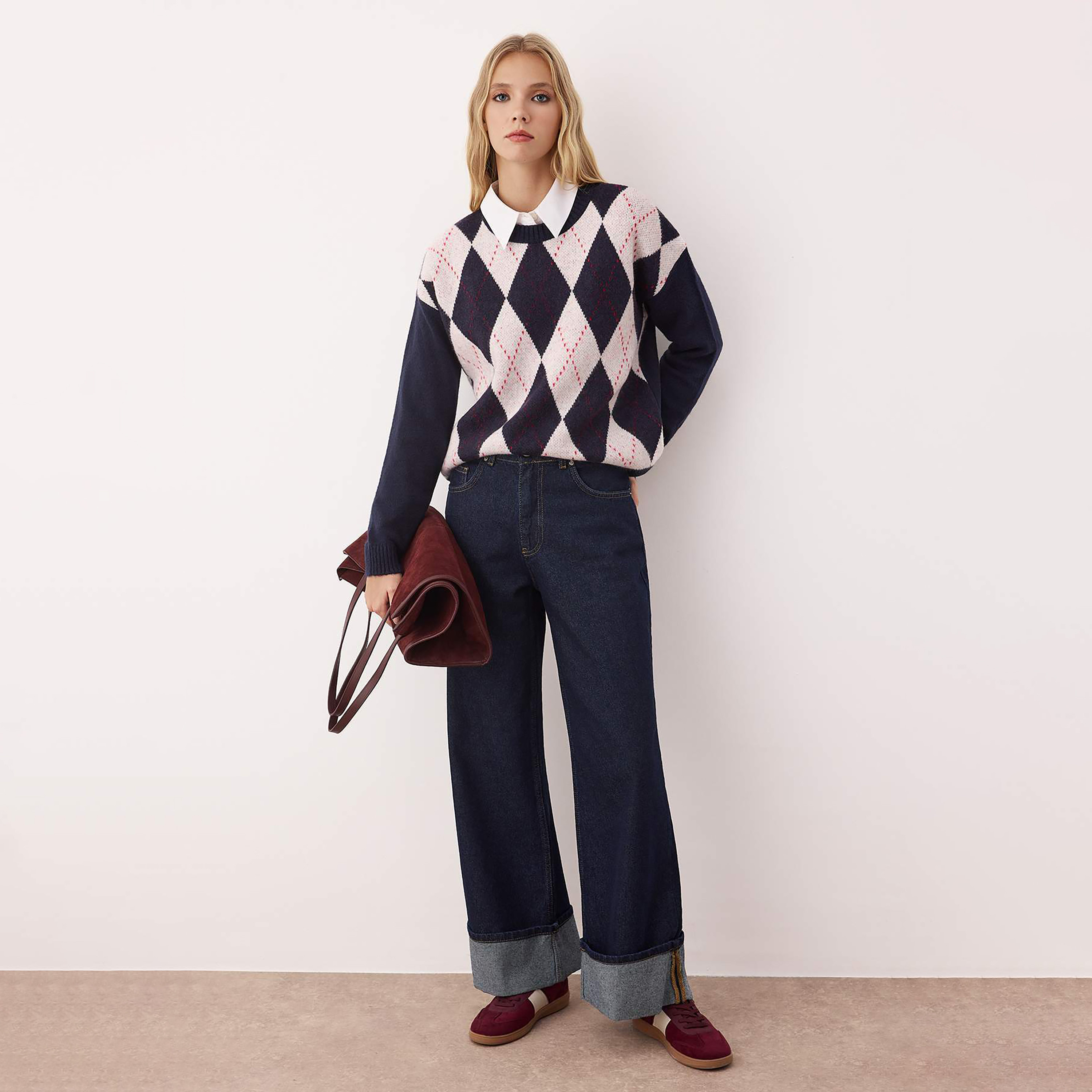 Trendyolmilla Navy Checked Dropped Sleeves Women's Sweater-women-winterwear-cardigansandjumpers-jumpers-image-2