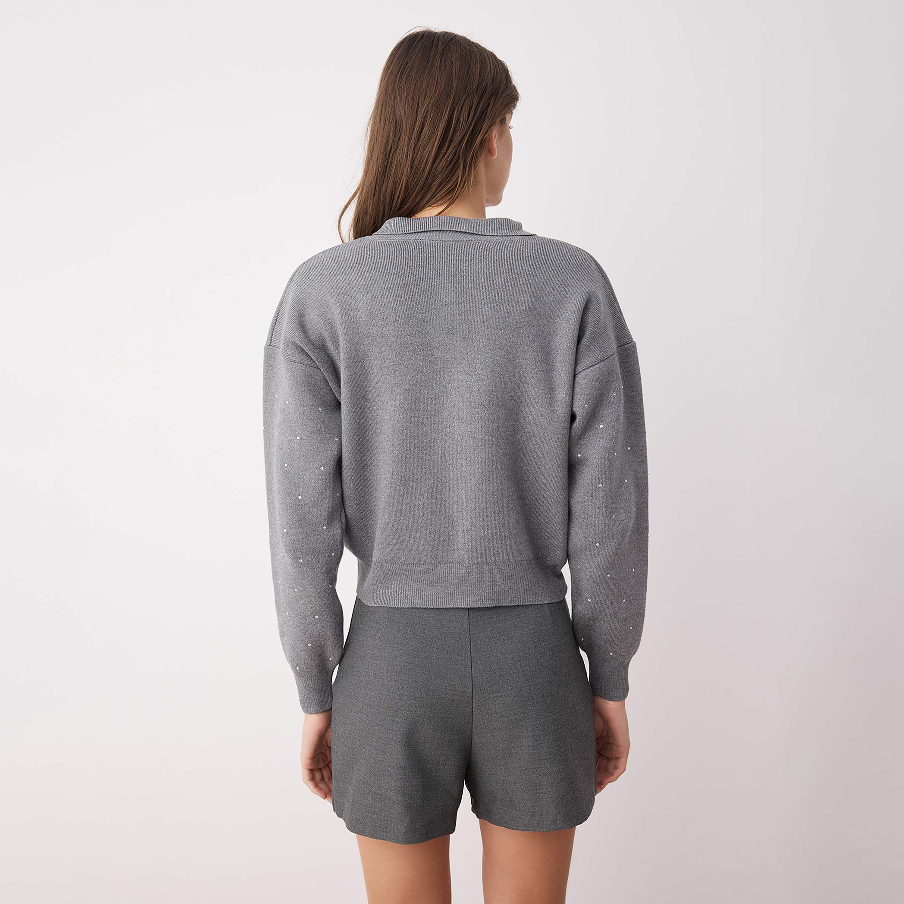 Trendyolmilla Grey Hotfix Detailed Collared Dropped Sleeves Women's Sweater-women-winterwear-cardigansandjumpers-jumpers-image-3