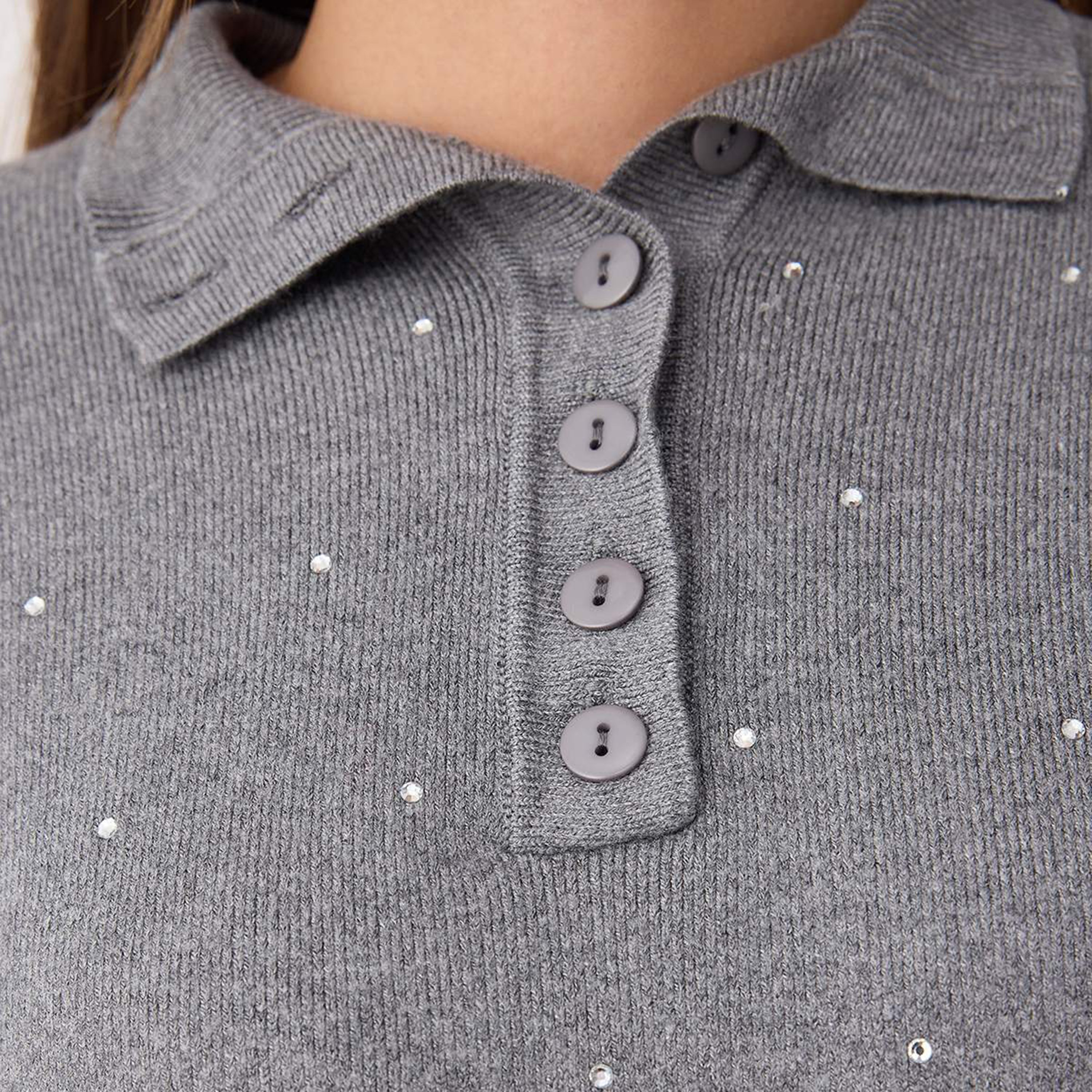 Trendyolmilla Grey Hotfix Detailed Collared Dropped Sleeves Women's Sweater-women-winterwear-cardigansandjumpers-jumpers-image-4