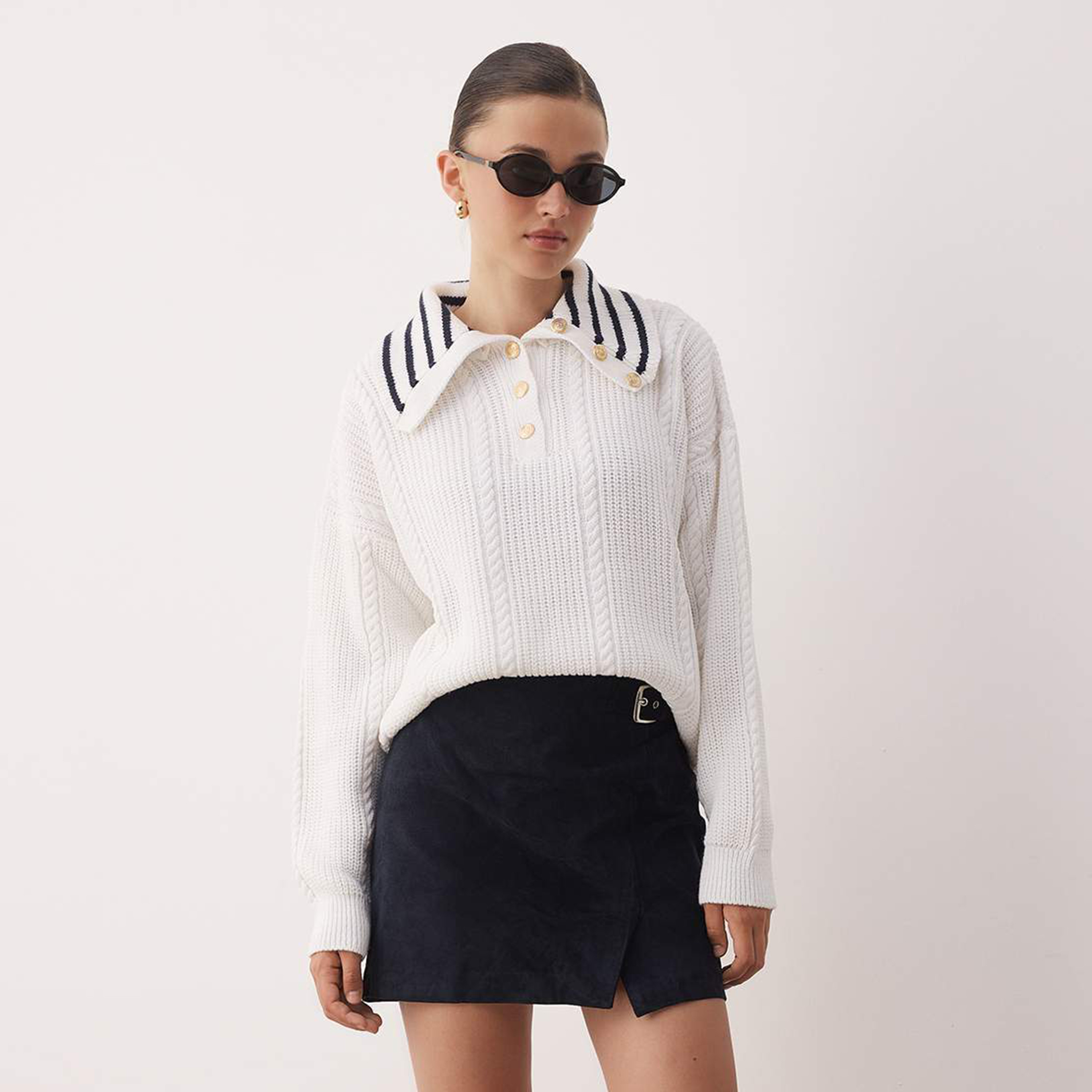 Trendyolmilla White Cable Knitted Collared Dropped Sleeves Women's Sweater-women-winterwear-cardigansandjumpers-jumpers-image-1